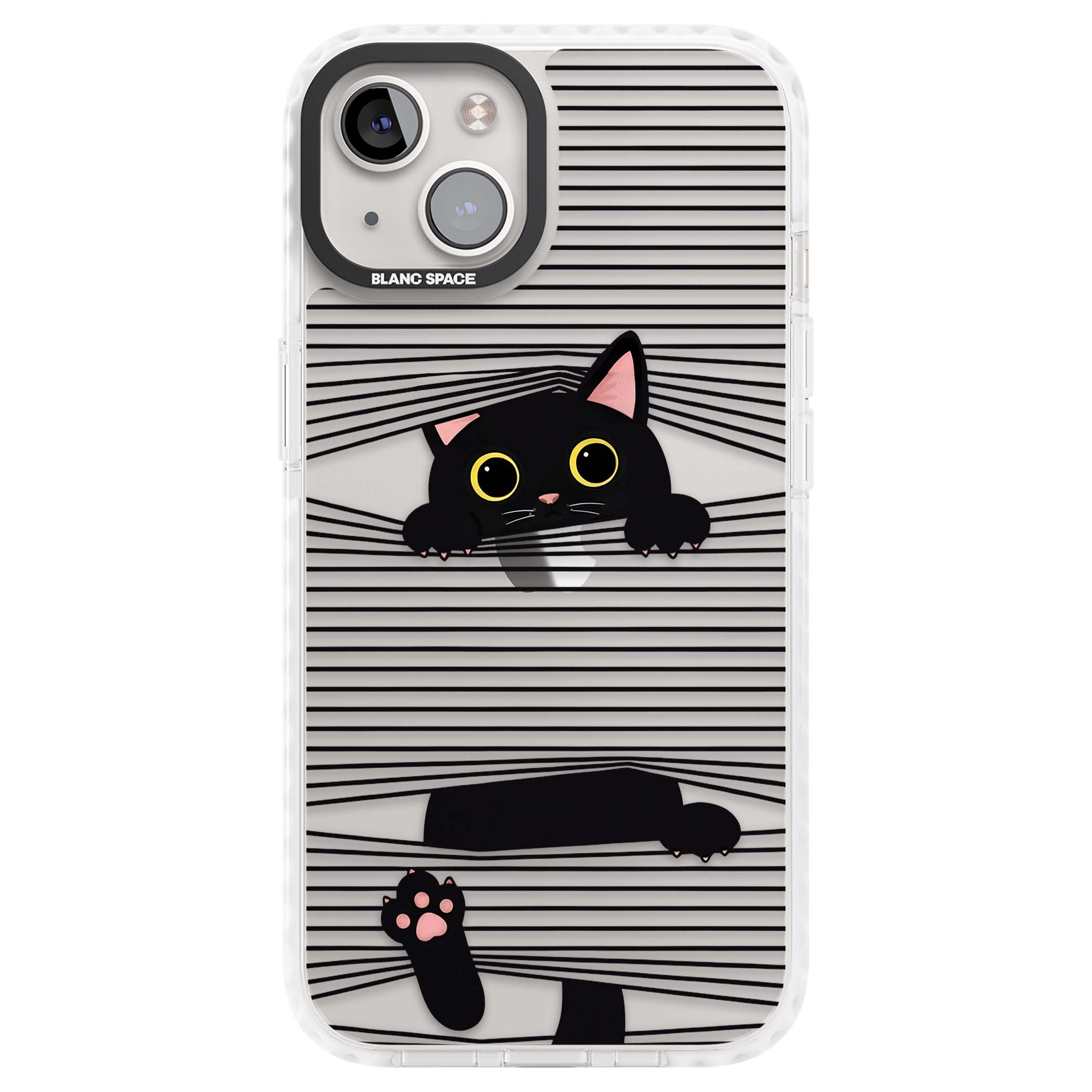 Peek-a-Boo Cat minimal iPhone case featuring black cat peeking through horizontal black and white stripes | Clear Impact case for iPhone 13, iPhone 14, iPhone 15