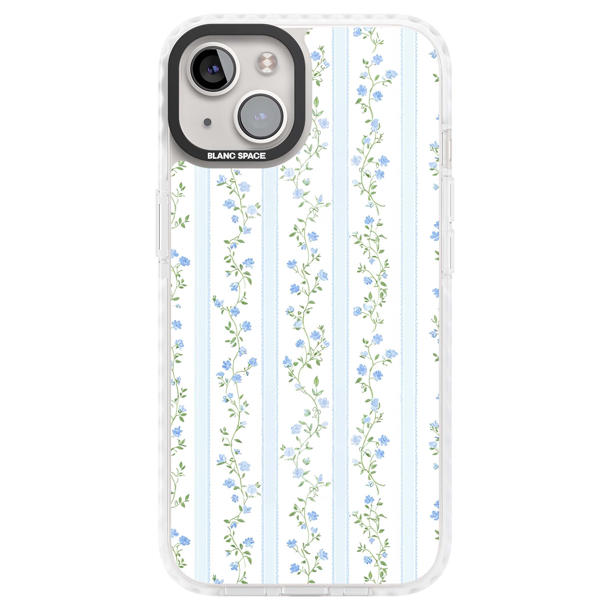Bluebell Vine cottagecore iPhone case featuring climbing blue roses, trailing green vines, and pale ticking stripes | Clear Impact case for iPhone 13, iPhone 14, iPhone 15