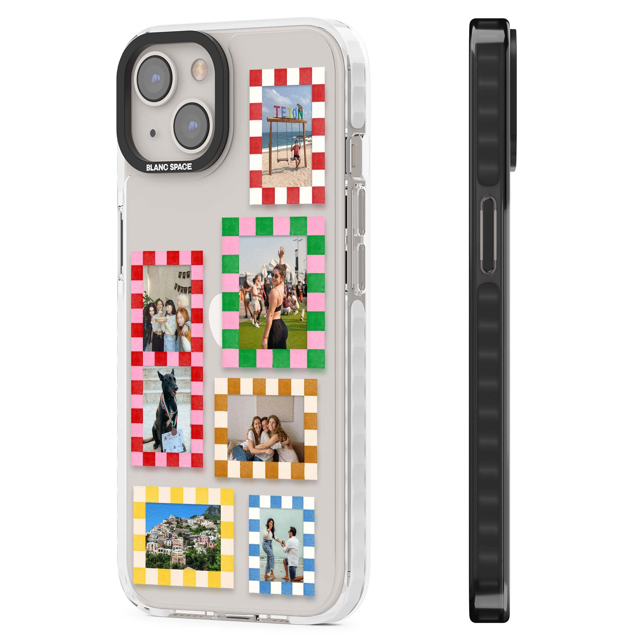 Italian Check Frames custom photo collage iPhone case featuring six checkered photo frames in red, green, pink and | Clear Impact case for iPhone 13, iPhone 14, iPhone 15