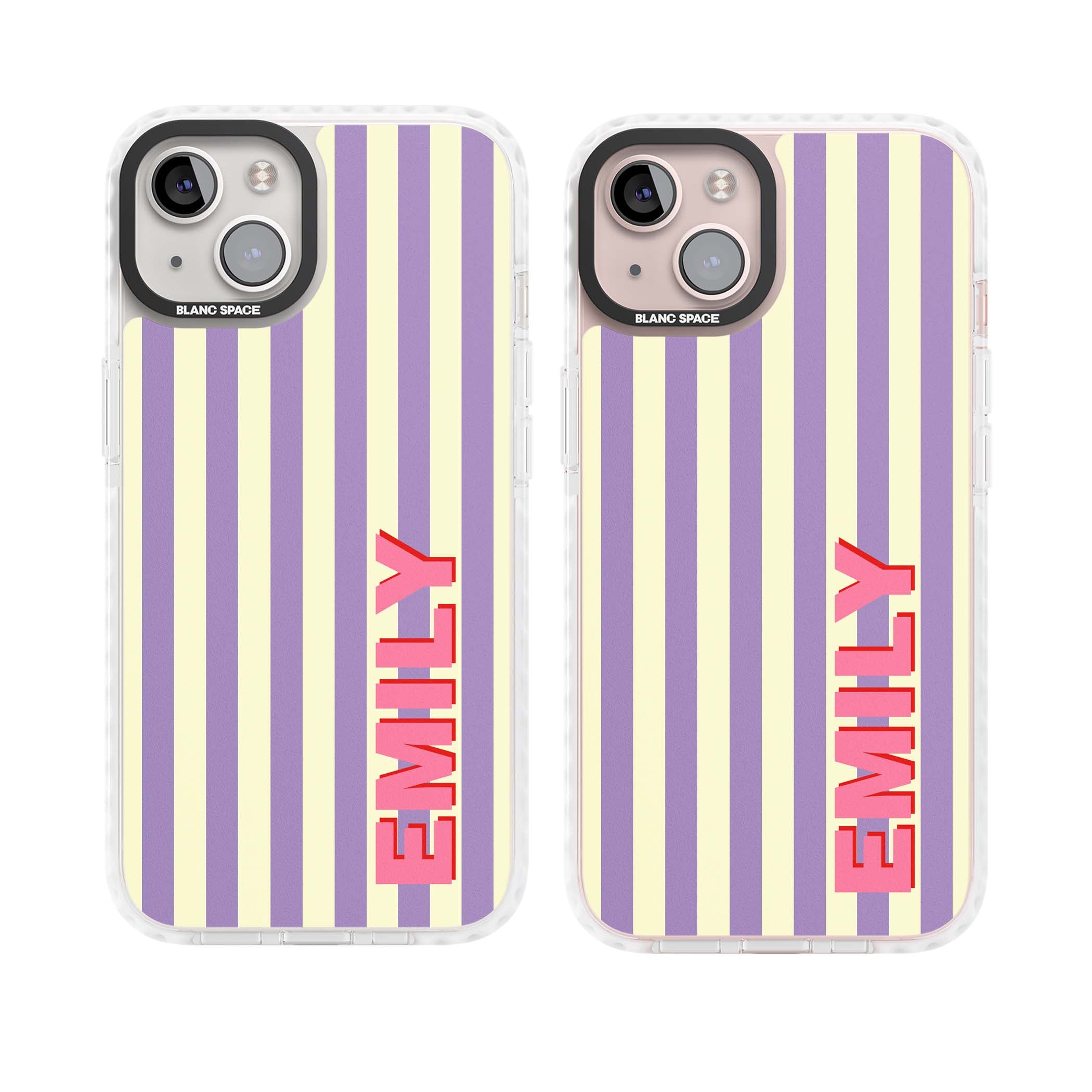 Valensole Stripe personalised iPhone case with purple and cream vertical stripes and pink custom name | Clear Impact case for iPhone 13, iPhone 14, iPhone 15
