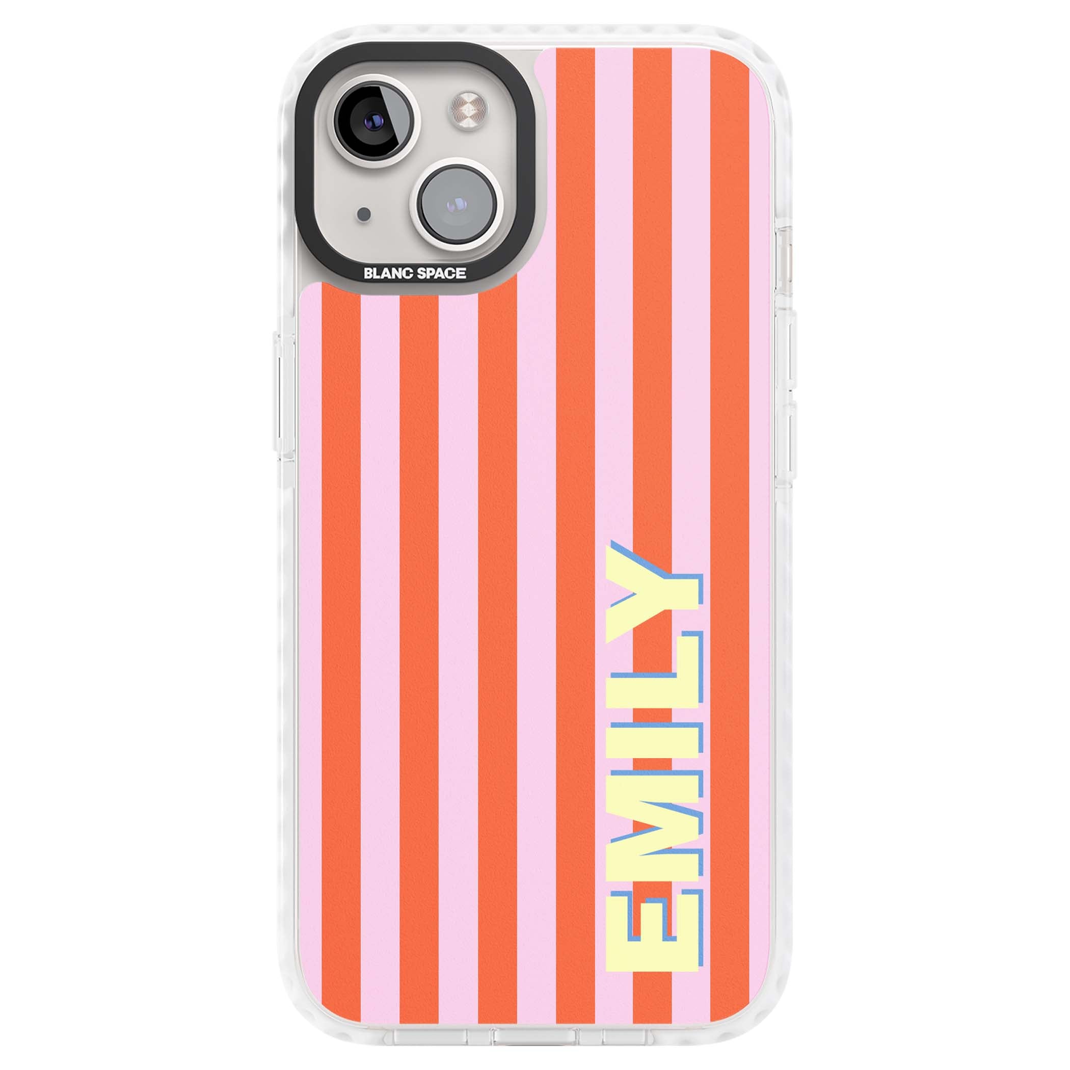 Havana Stripe personalised iPhone case featuring pink and orange vertical stripes with a custom yellow name | Clear Impact case for iPhone 13, iPhone 14, iPhone 15
