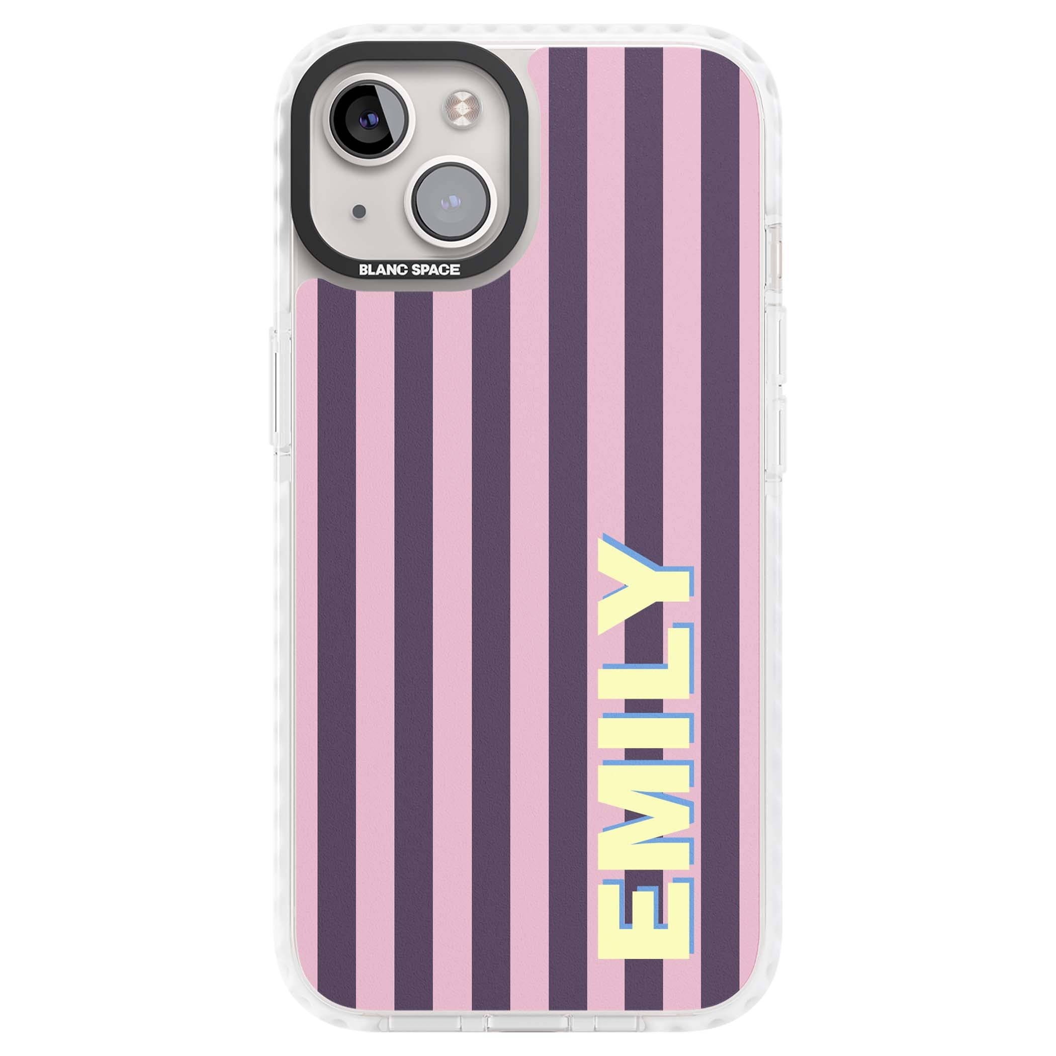 Tyre Stripe personalised stripe iPhone case with plum and pink vertical stripes and custom yellow name | Clear Impact case for iPhone 13, iPhone 14, iPhone 15