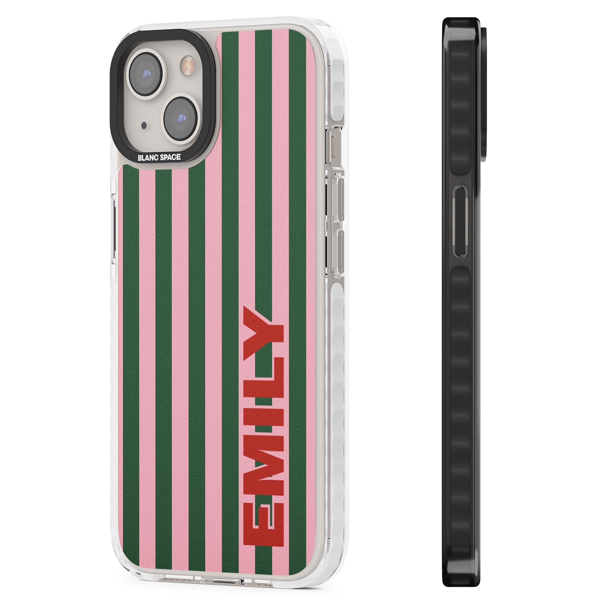 Italian Stripe preppy iPhone case featuring pink and green vertical stripes with personalised red name | Clear Impact case for iPhone 13, iPhone 14, iPhone 15