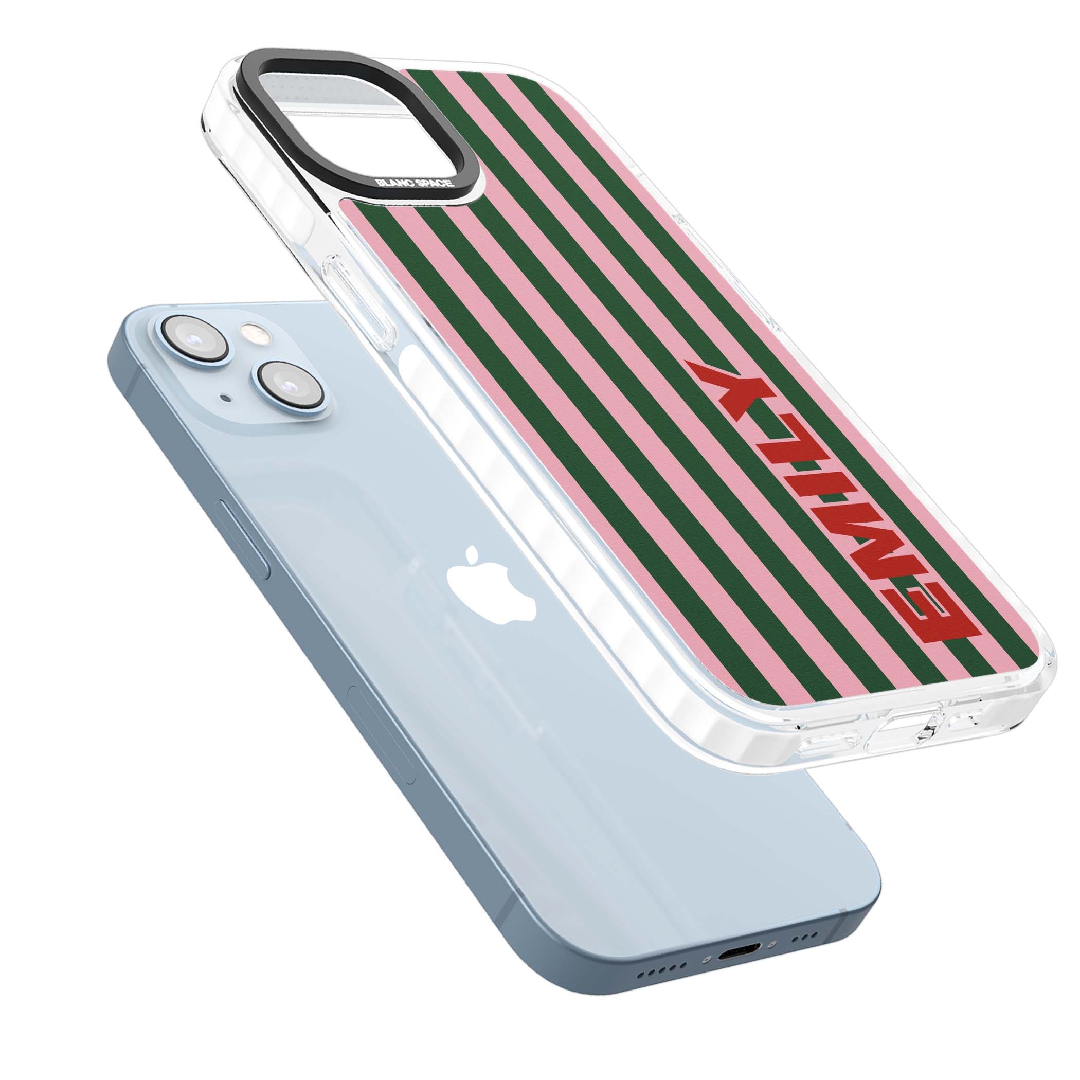 Italian Stripe preppy iPhone case featuring pink and green vertical stripes with personalised red name | Clear Impact case for iPhone 13, iPhone 14, iPhone 15