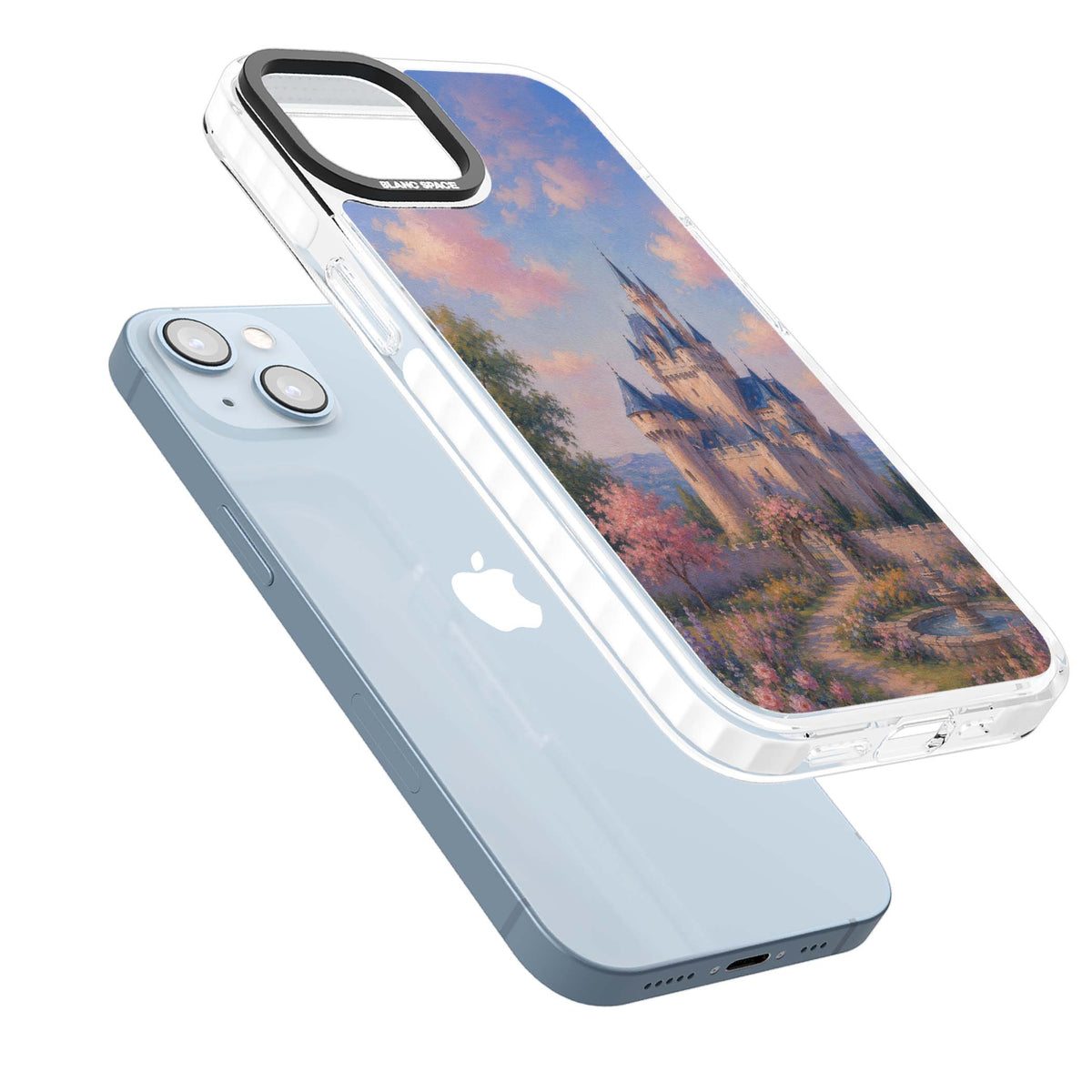 Enchanted Kingdom fairytale iPhone case featuring a romantic castle painting with cherry blossoms and pastel pink sky | Clear Impact case for iPhone 13, iPhone 14, iPhone 15