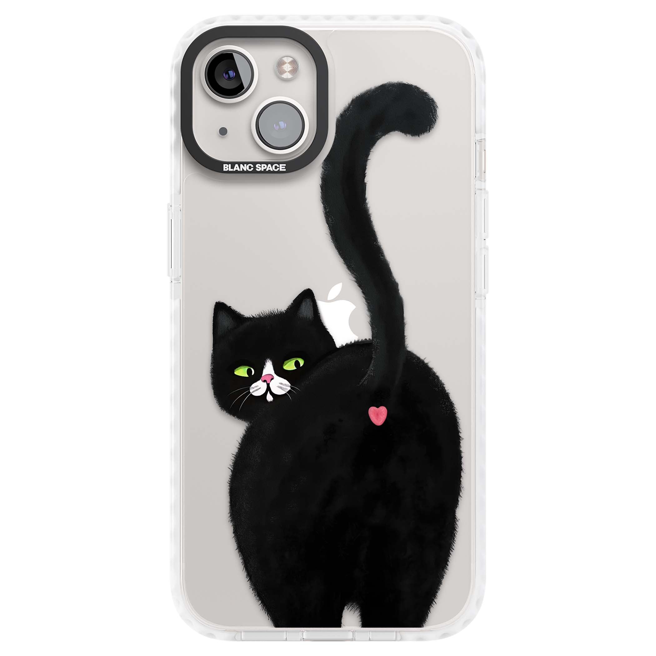 The Cat's Kiss cute cat iPhone case featuring a hand-painted tuxedo kitty with green eyes and a pink heart on a clear | Clear Impact case for iPhone 13, iPhone 14, iPhone 15