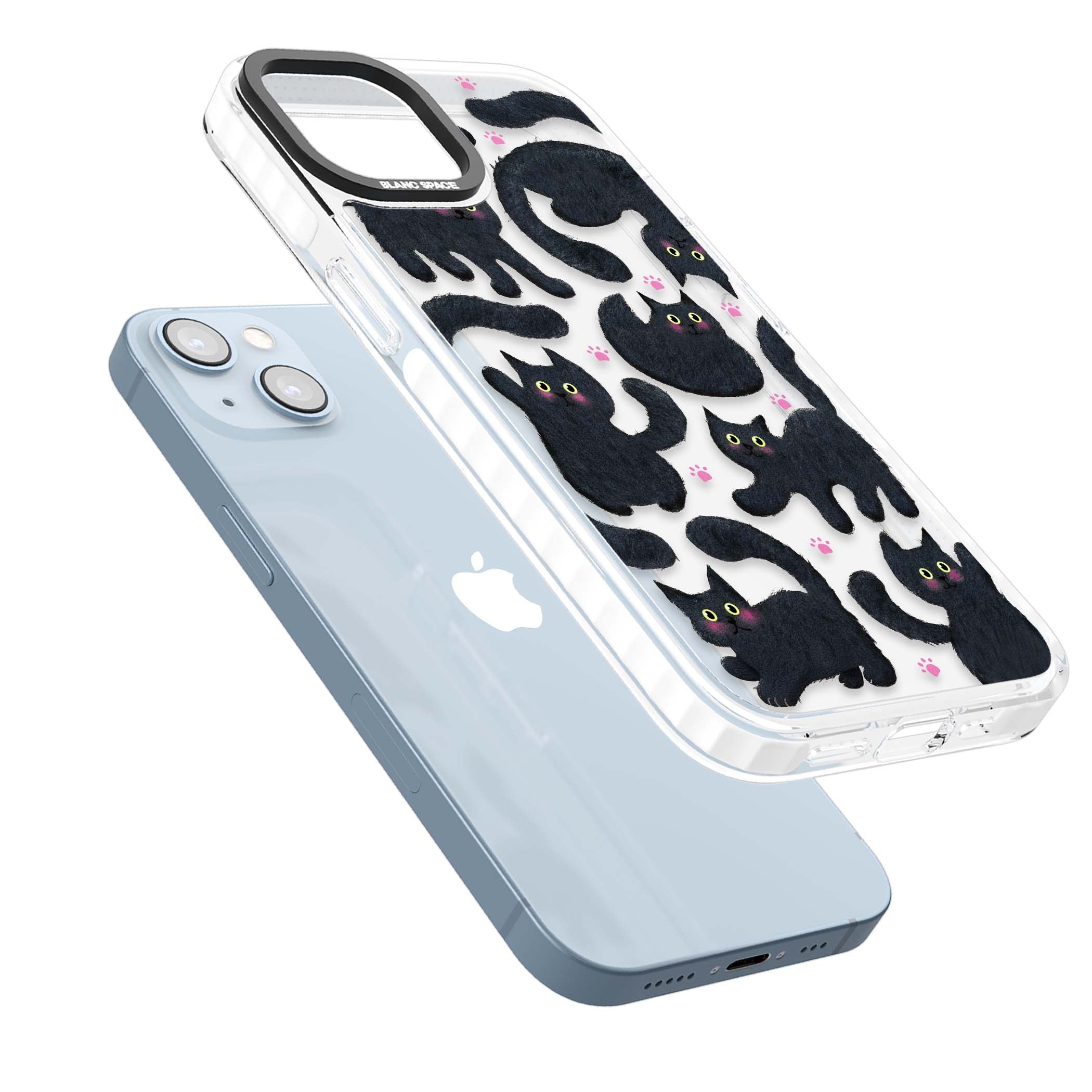 Midnight Cats cute iPhone case featuring black cat pattern with yellow eyes and pink paw prints | Clear Impact case for iPhone 13, iPhone 14, iPhone 15