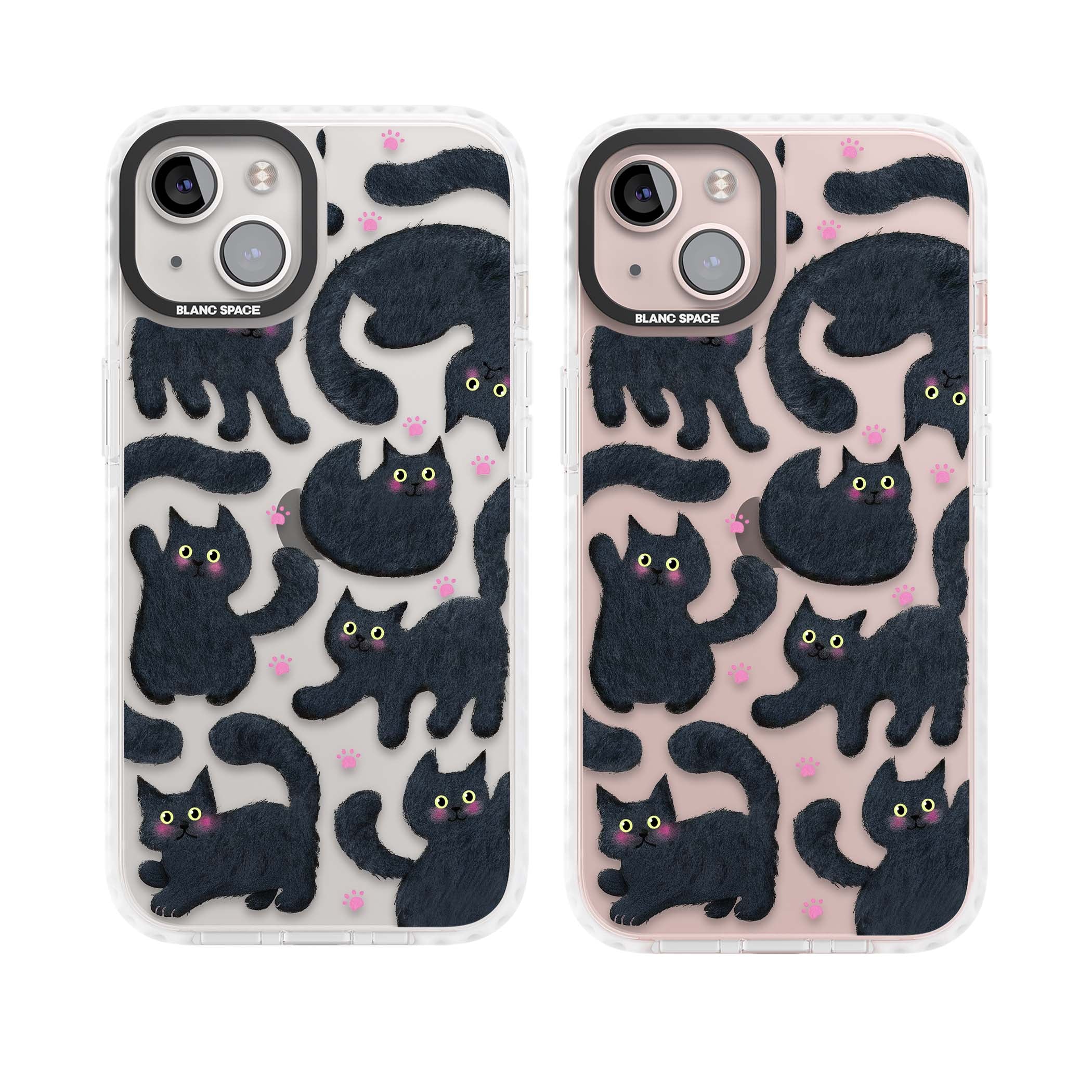Midnight Cats cute iPhone case featuring black cat pattern with yellow eyes and pink paw prints | Clear Impact case for iPhone 13, iPhone 14, iPhone 15