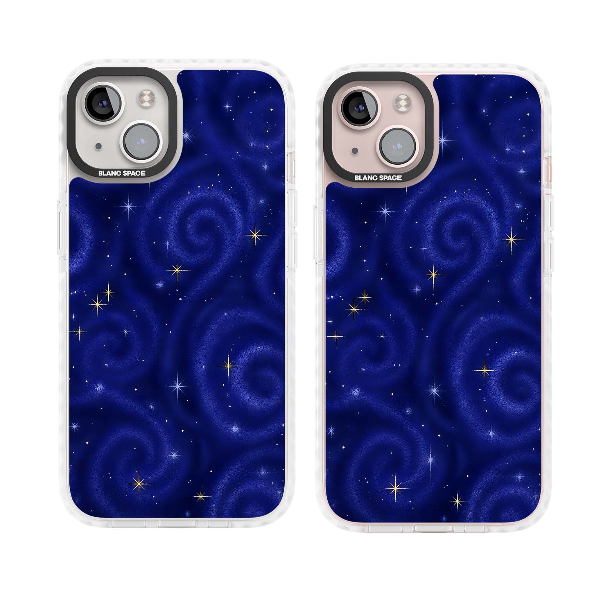 Indigo Cosmos celestial iPhone case featuring swirling navy night sky and sparkling golden stars | Clear Impact case for iPhone 13, iPhone 14, iPhone 15