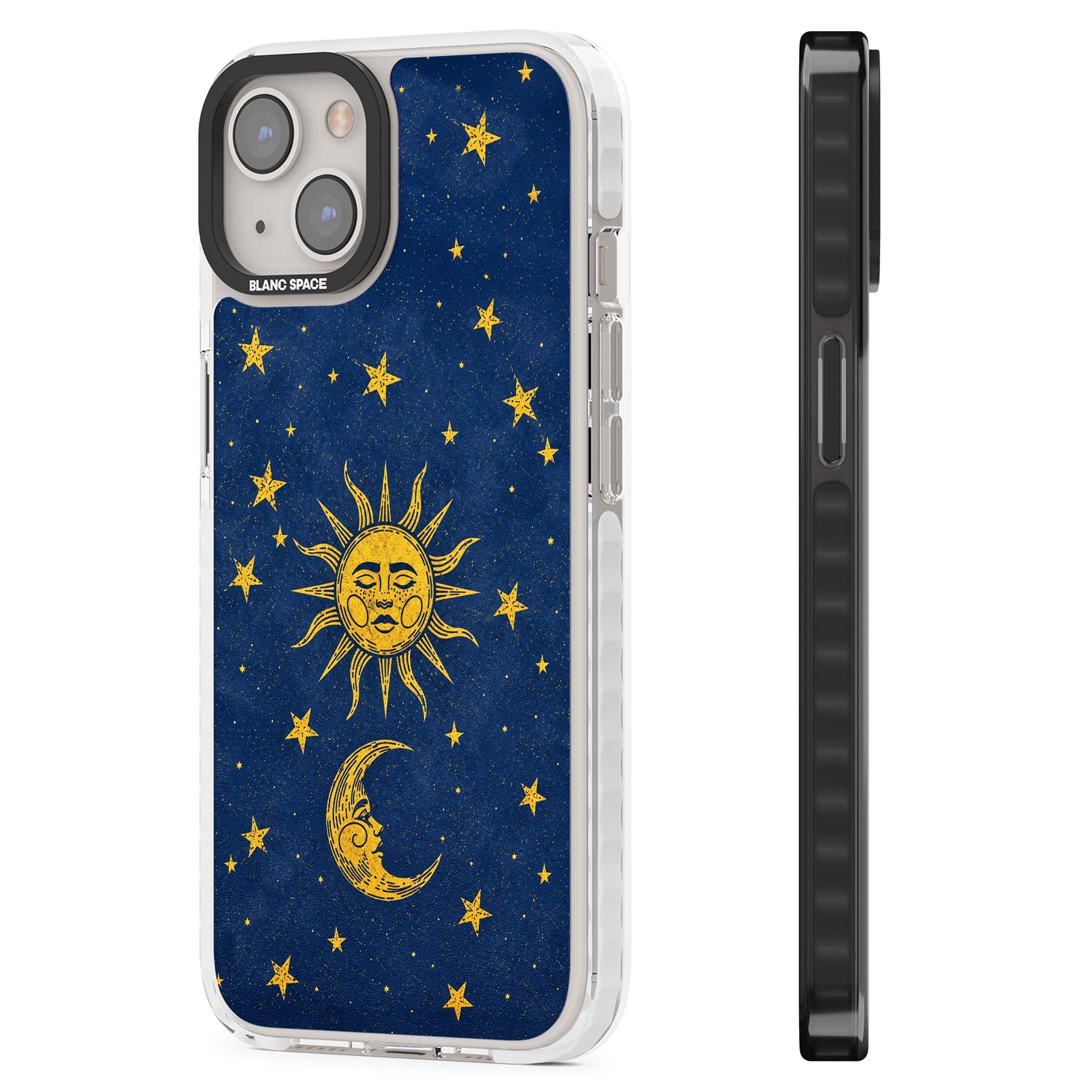 Sun & Moon Reverie celestial iPhone case featuring a vintage golden sun, crescent moon and scattered stars on midnight blue | Clear Impact case for iPhone 13, iPhone 14, iPhone 15