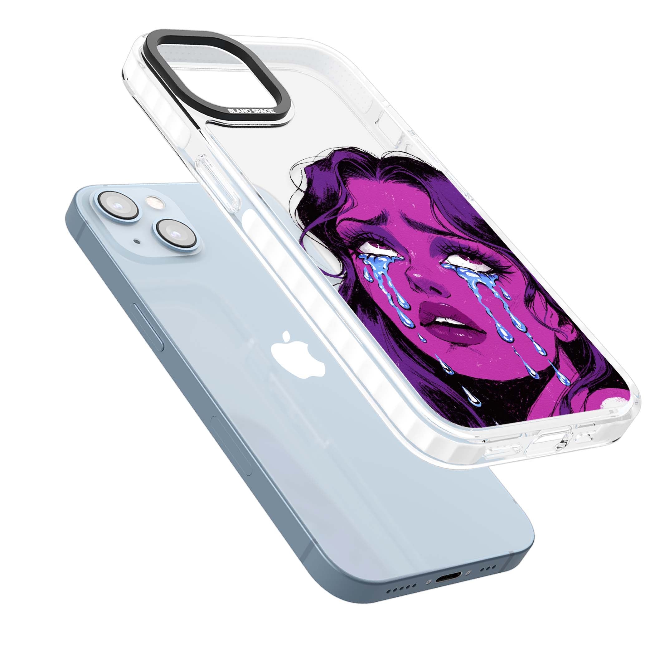 Drama Queen pop art iPhone case featuring a purple crying comic girl with blue tears | Clear Impact case for iPhone 13, iPhone 14, iPhone 15