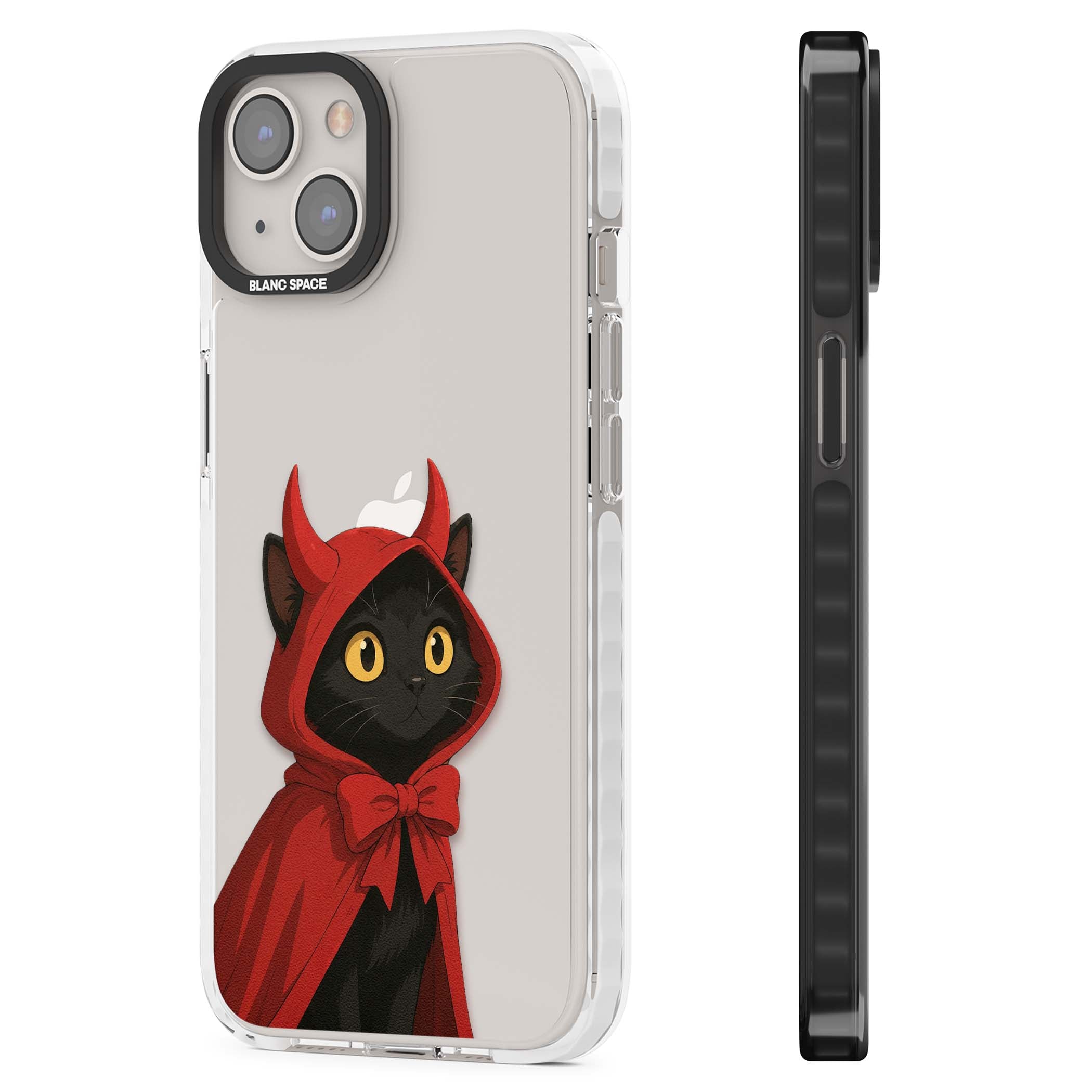 Little Devil halloween iPhone case featuring a black cat in a red hooded devil cloak with horns and golden eyes | Clear Impact case for iPhone 13, iPhone 14, iPhone 15
