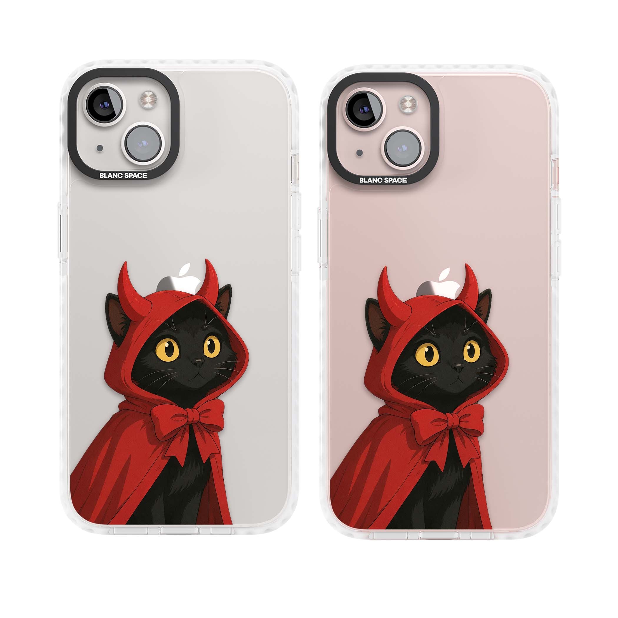 Little Devil halloween iPhone case featuring a black cat in a red hooded devil cloak with horns and golden eyes | Clear Impact case for iPhone 13, iPhone 14, iPhone 15