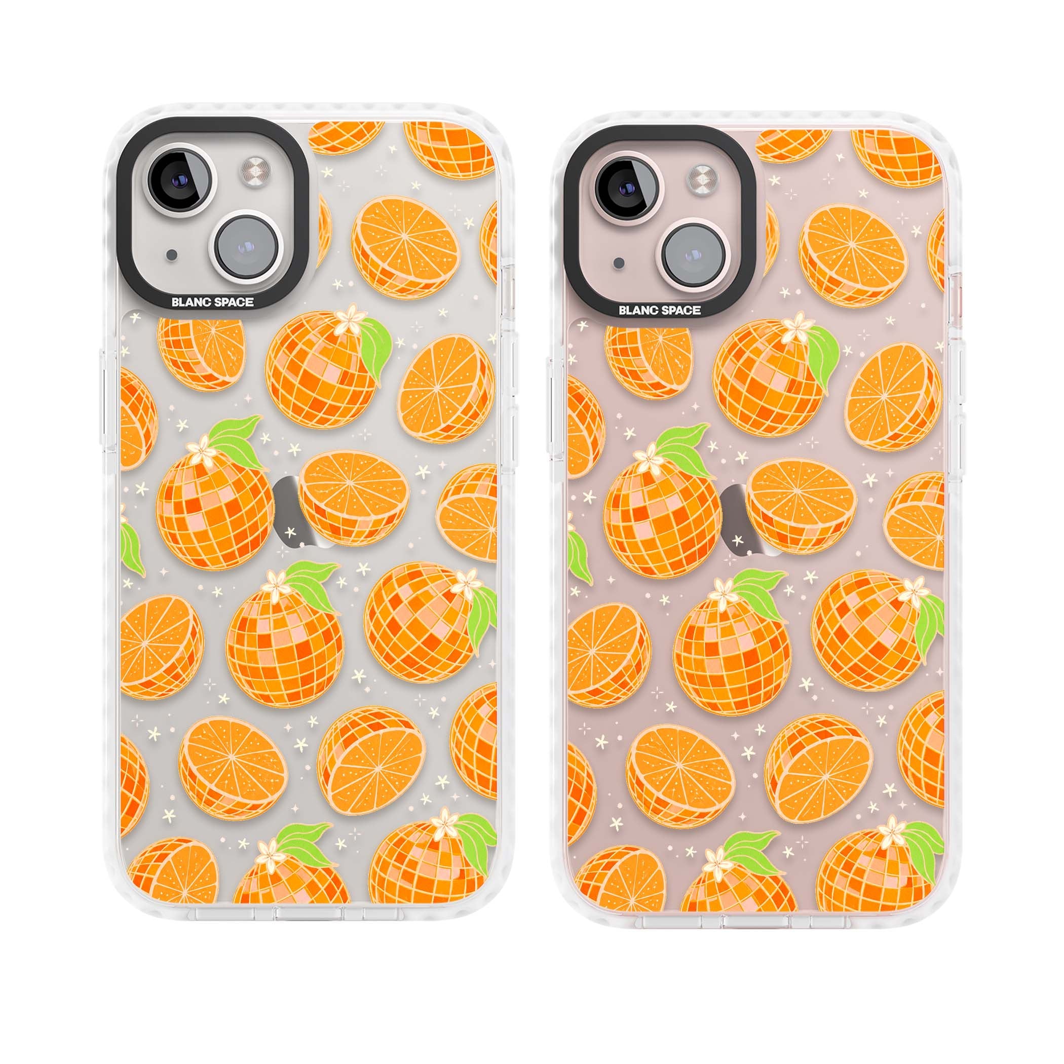 Disco Oranges retro iPhone case featuring mirrorball oranges, citrus slices and tiny blossoms on clear | Clear Impact case for iPhone 13, iPhone 14, iPhone 15