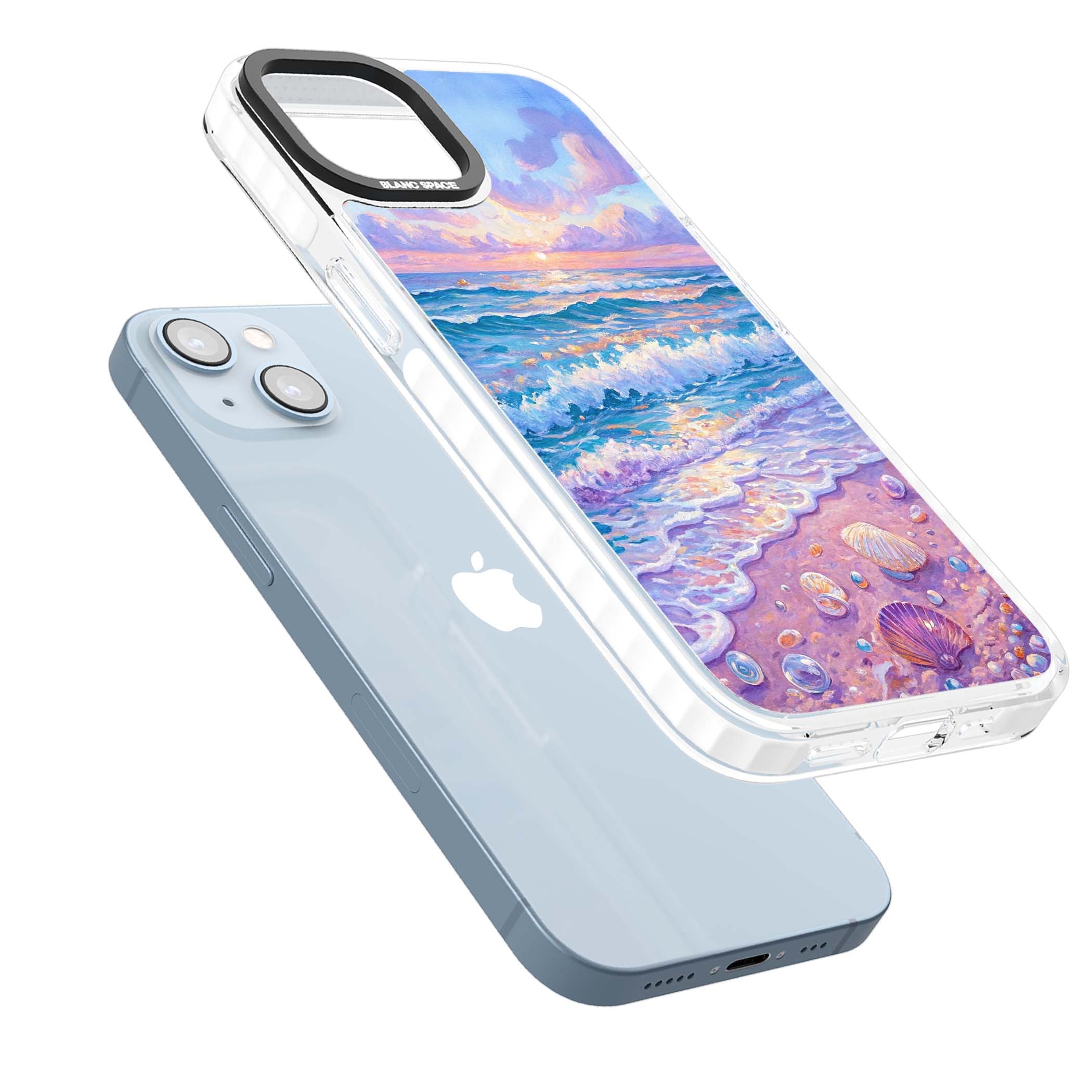 Pearl Shore coastal iPhone case featuring pastel painted waves, seashells, and a sunrise sky over a lavender beach. | Clear Impact case for iPhone 13, iPhone 14, iPhone 15