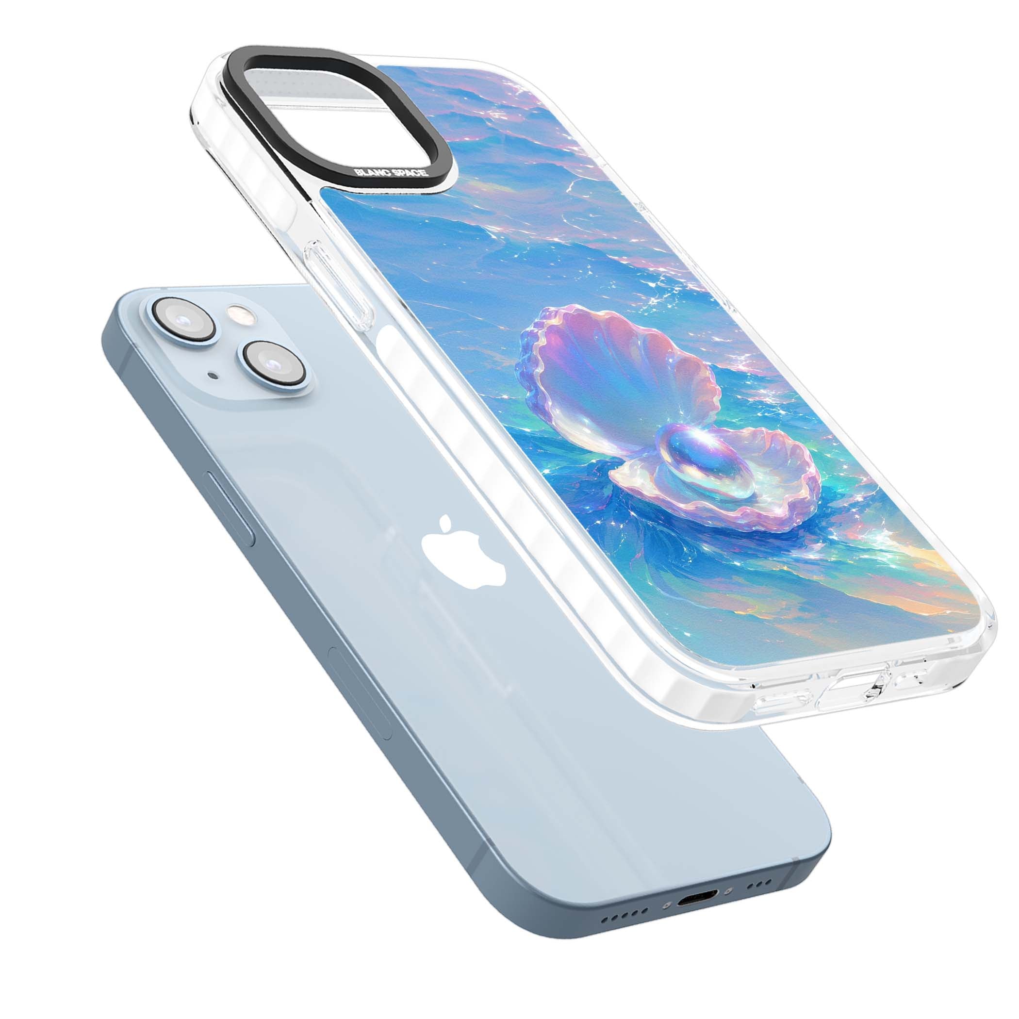 The Pearl Clam mermaidcore iPhone case featuring iridescent seashell, glowing pearl and pastel ocean waves | Clear Impact case for iPhone 13, iPhone 14, iPhone 15