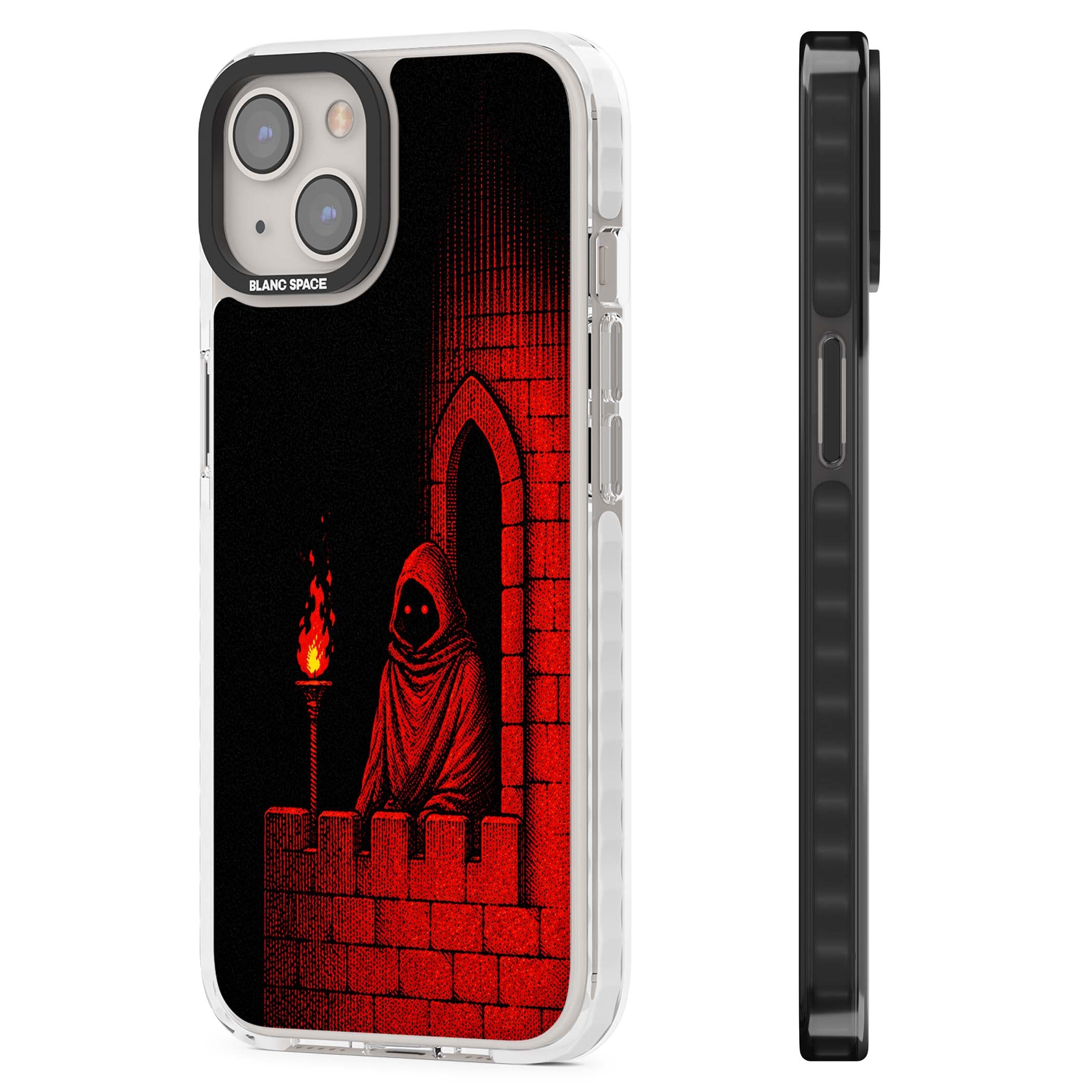Crimson Crypt gothic iPhone case featuring a hooded reaper, torchlit crypt archway and red halftone horror art | Clear Impact case for iPhone 13, iPhone 14, iPhone 15