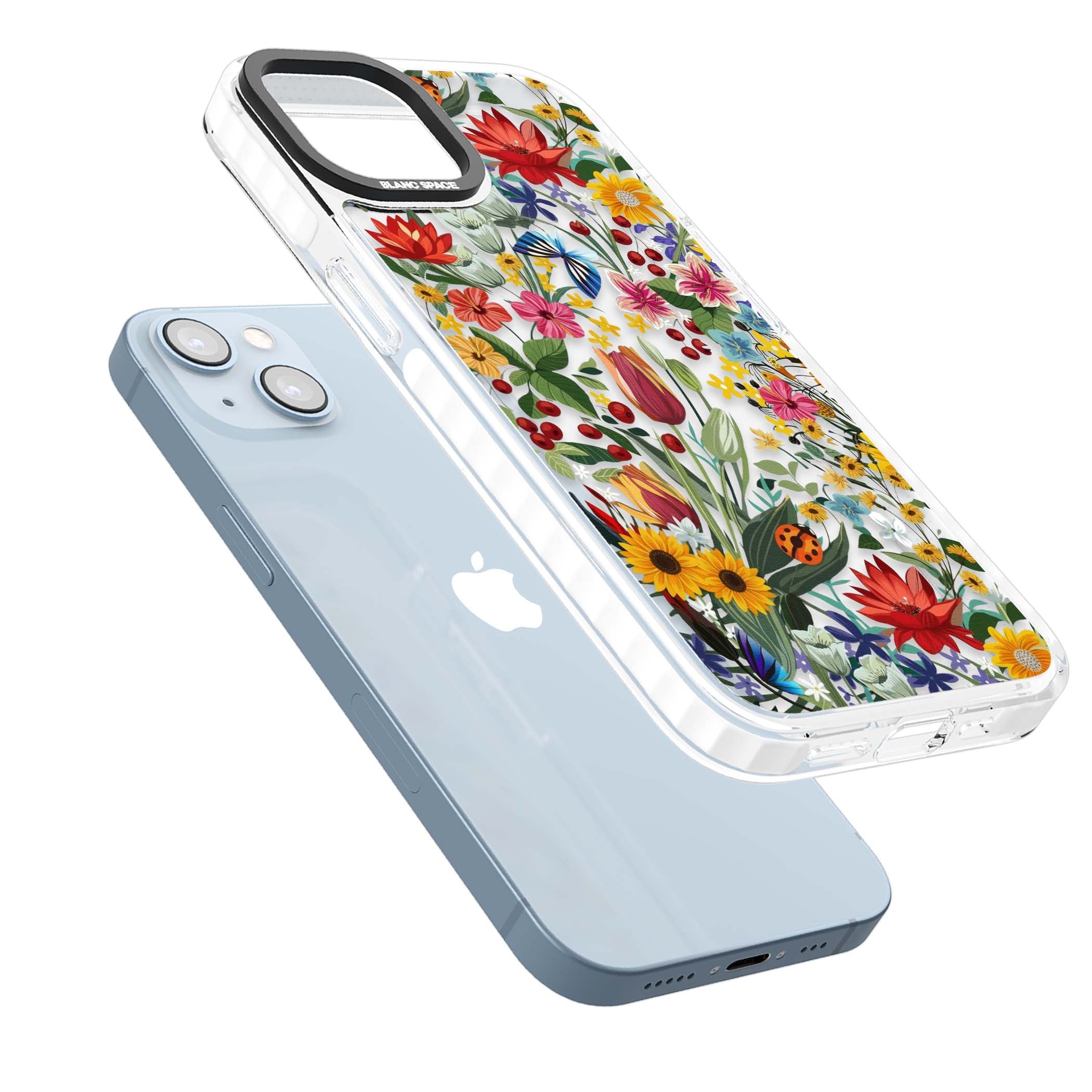 Botanical Bloom cottagecore iPhone case featuring colorful wildflowers, sunflowers, and ladybugs on clear background | Clear Impact case for iPhone 13, iPhone 14, iPhone 15