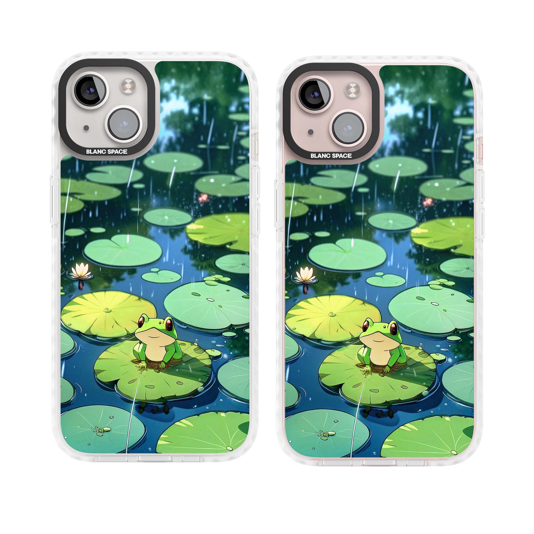 Frog In Lily Pond cottagecore iPhone case featuring a cute green frog on a lily pad with falling rain and a lotus flower | Clear Impact case for iPhone 13, iPhone 14, iPhone 15