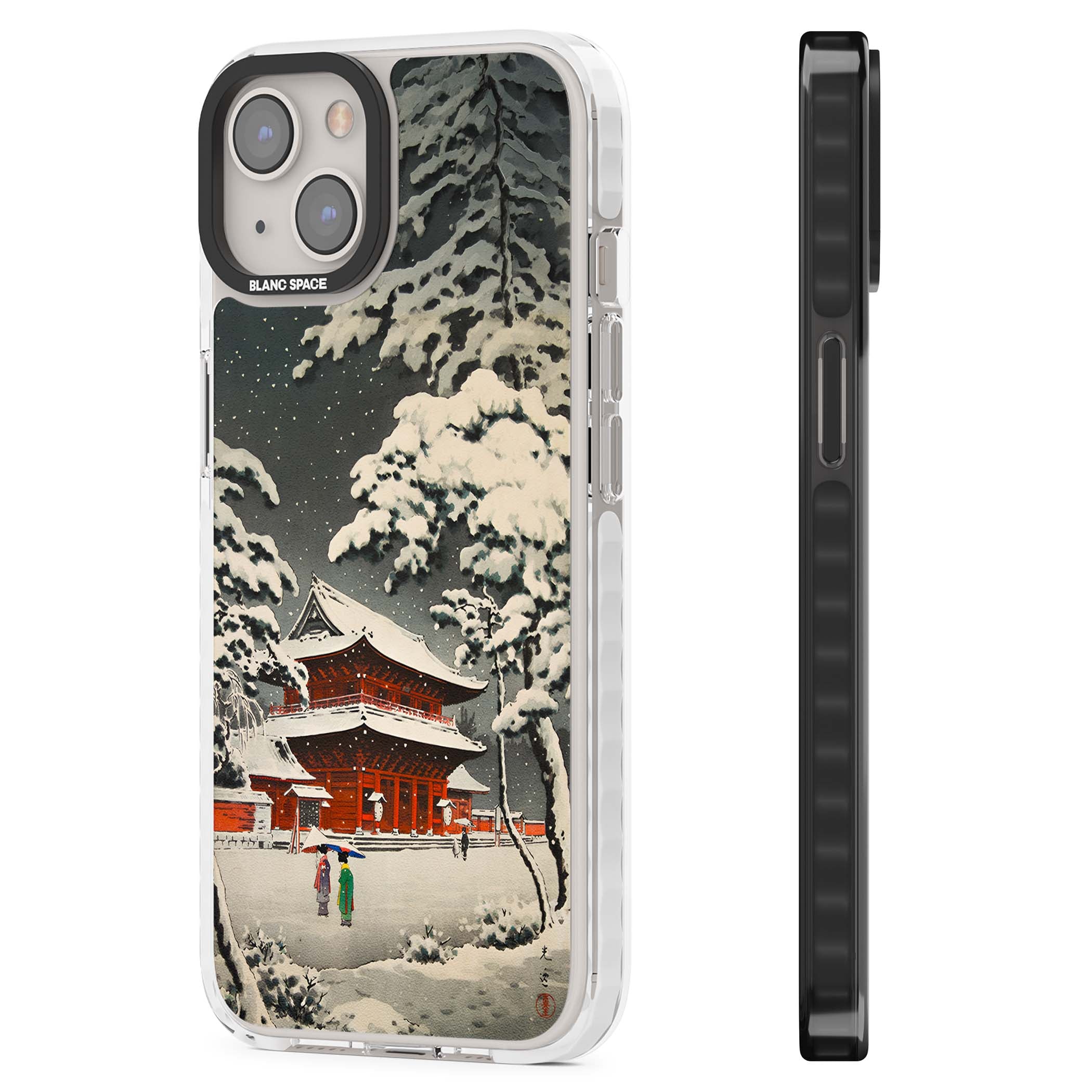 Snow at Shiha Park, Tokyo Japanese art iPhone case featuring a vintage ukiyo-e snowy temple, red pagoda, and snow-covered pin | Clear Impact case for iPhone 13, iPhone 14, iPhone 15