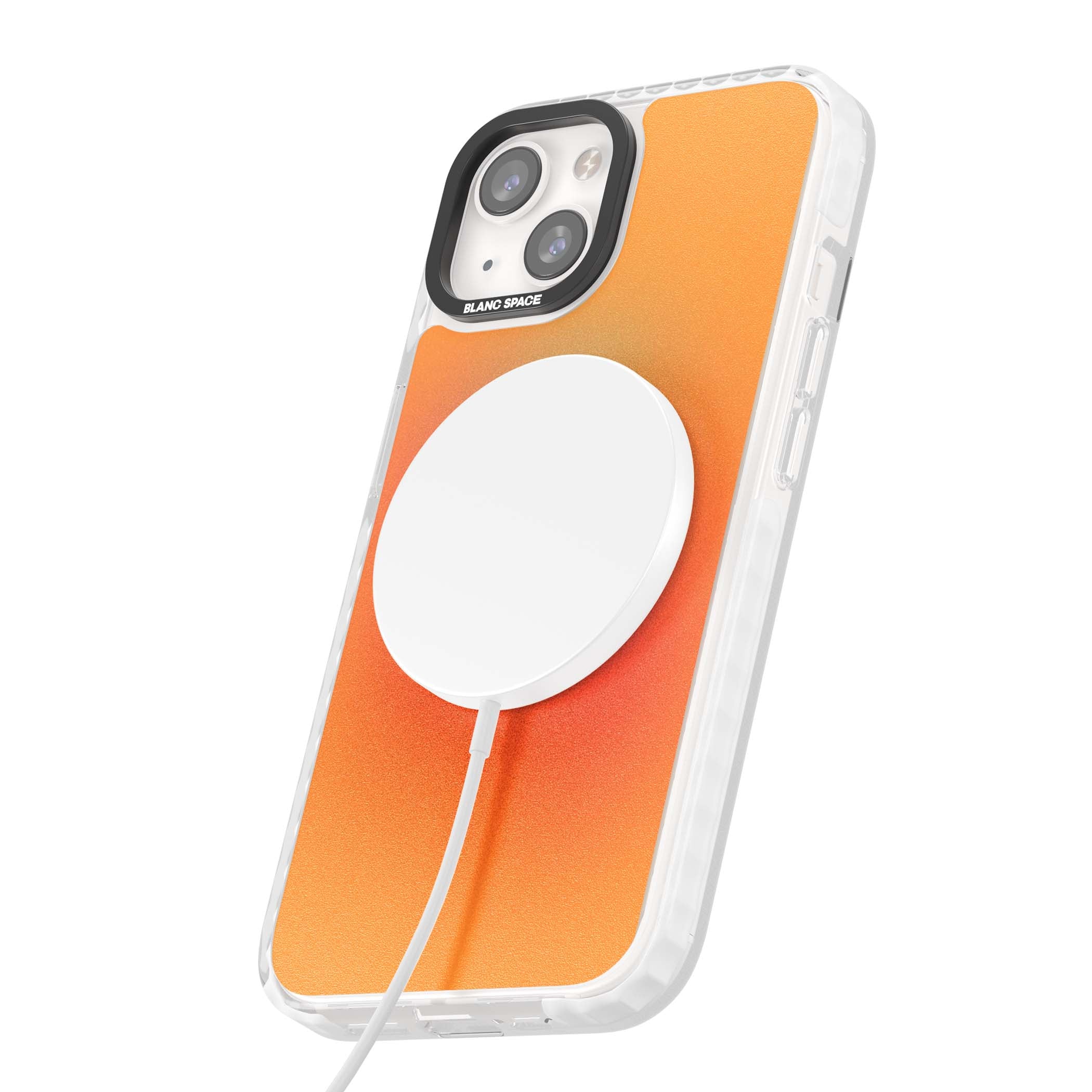 Good Energy quote iPhone case featuring an orange and pink aura gradient with white serif affirmation text | Impact Magsafe case for iPhone 13, iPhone 14, iPhone 15