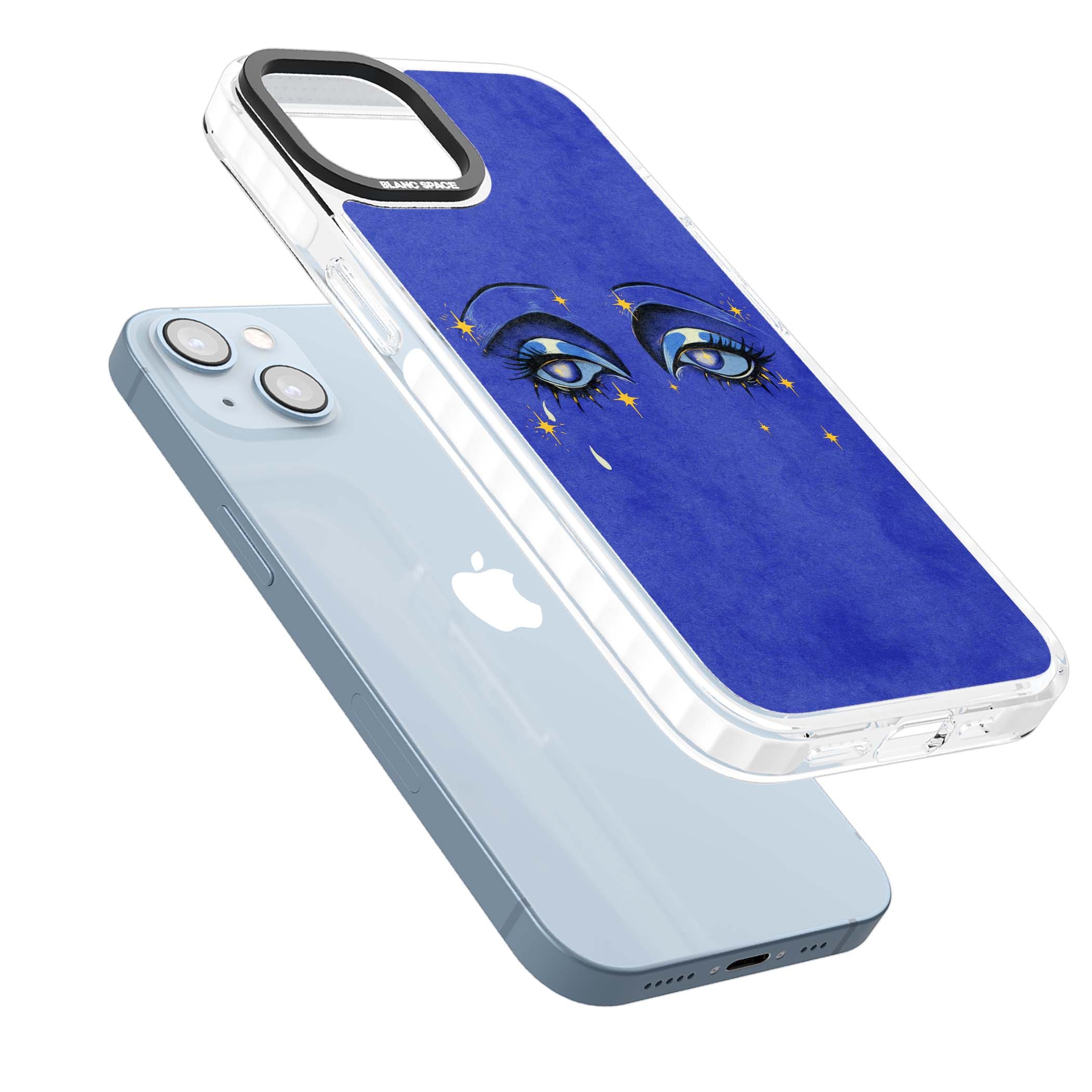 Blue Mystic Eyes celestial iPhone case featuring hand drawn blue mystical eyes, golden stars and a painted tear on indigo | Impact Magsafe case for iPhone 13, iPhone 14, iPhone 15