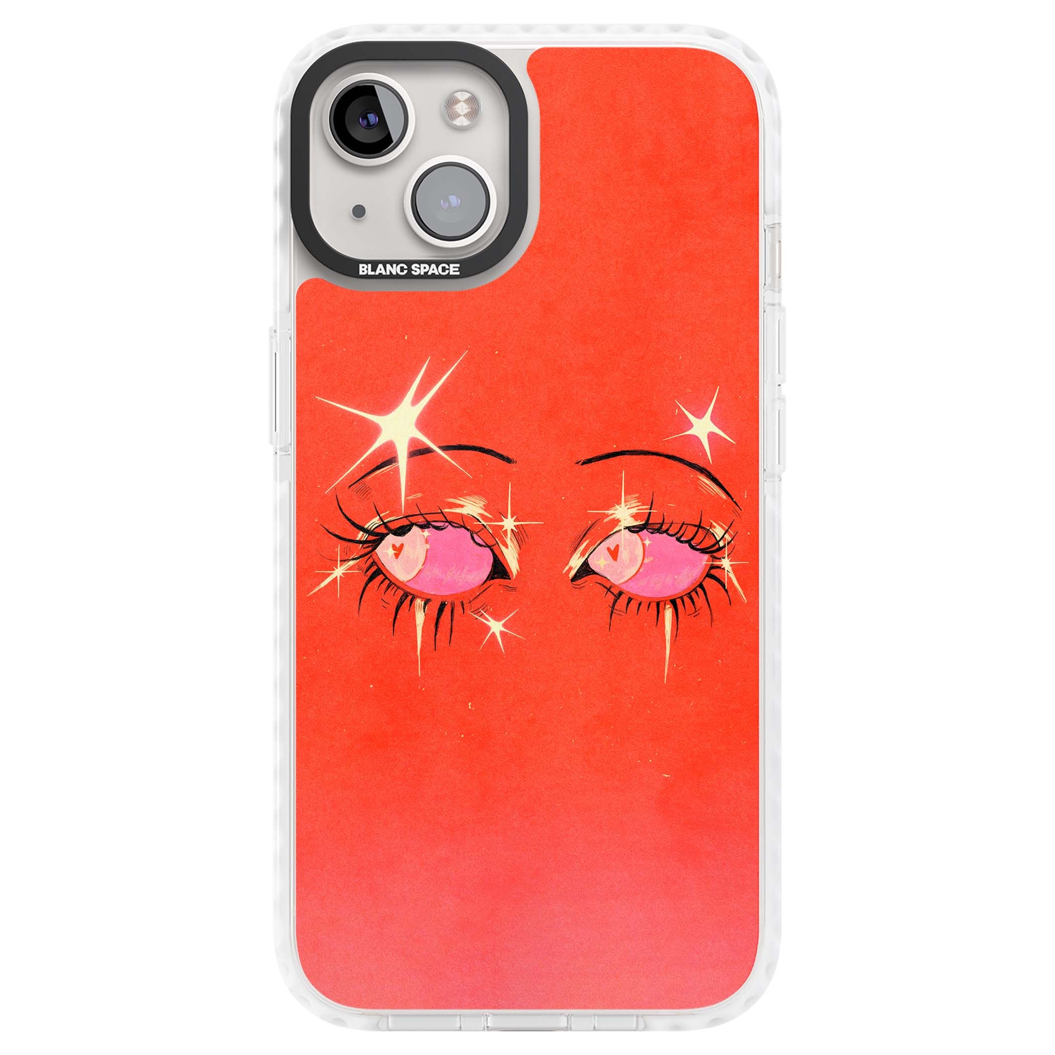 Pink Ethereal Eyes anime iPhone case featuring hand-drawn sparkly eyes with pink hearts and gold stars on red | Impact Magsafe case for iPhone 13, iPhone 14, iPhone 15