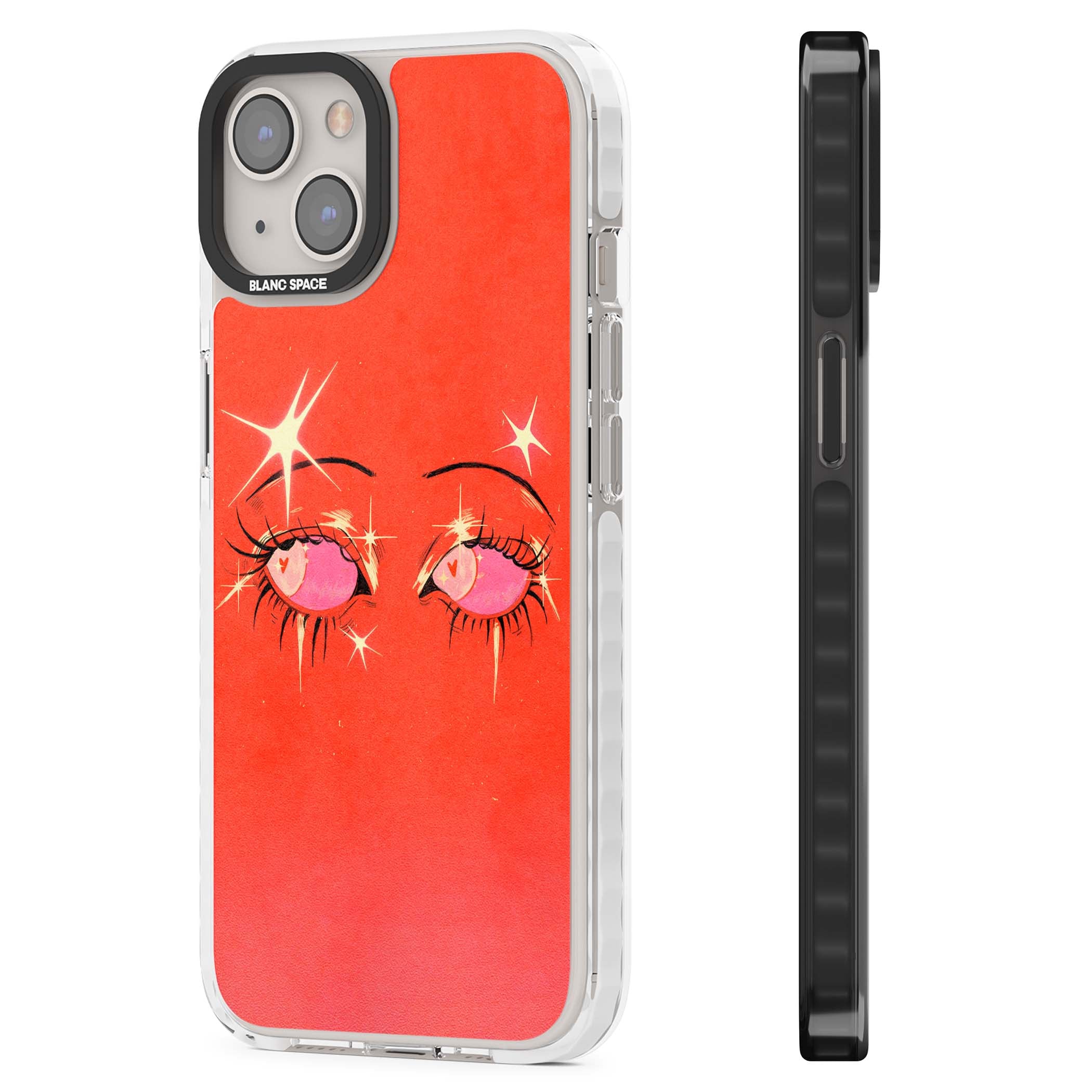 Pink Ethereal Eyes anime iPhone case featuring hand-drawn sparkly eyes with pink hearts and gold stars on red | Impact Magsafe case for iPhone 13, iPhone 14, iPhone 15