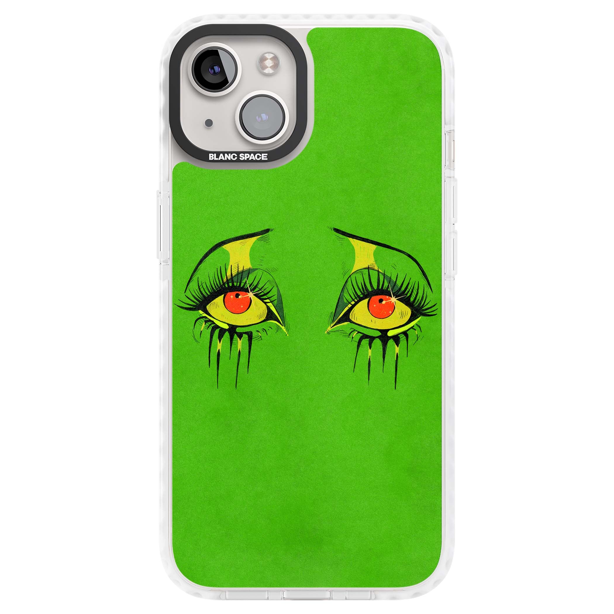Green Enchanted Eyes psychedelic art iPhone case featuring hand-drawn dripping eyes on neon green background | Impact Magsafe case for iPhone 13, iPhone 14, iPhone 15