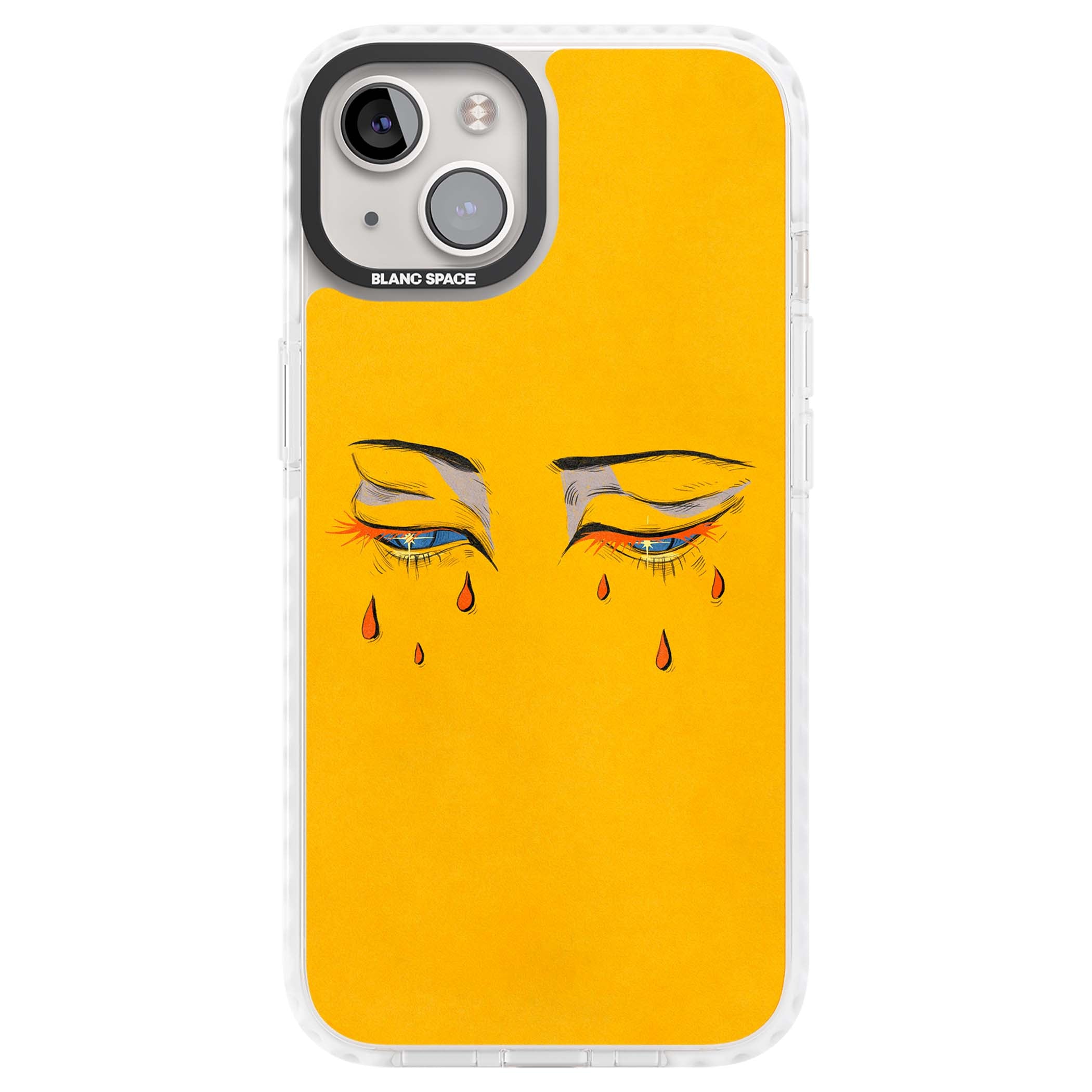 Yellow Tearful Eyes indie iPhone case featuring hand-drawn crying eyes with orange tears on a yellow background | Impact Magsafe case for iPhone 13, iPhone 14, iPhone 15