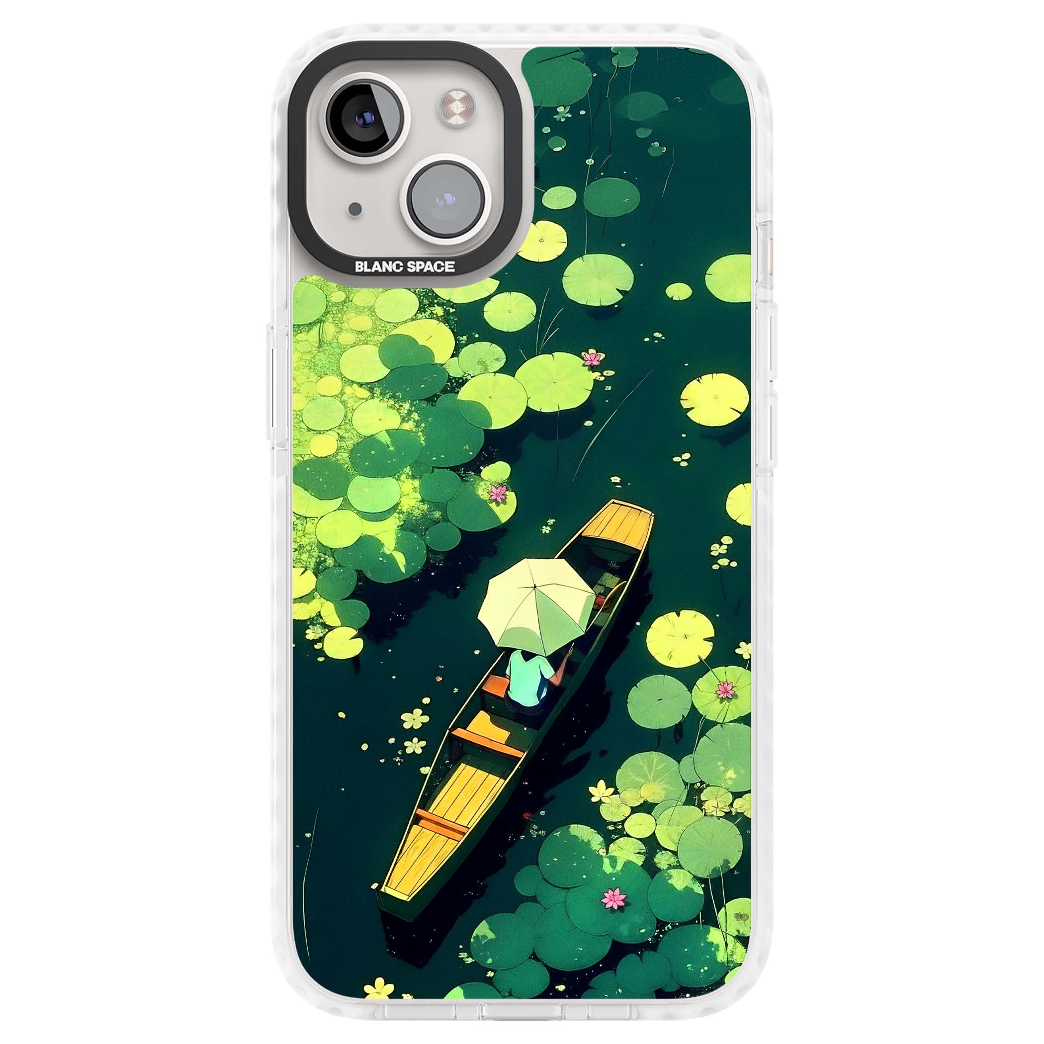 Jade Waters cottagecore iPhone case featuring a painted lily pond, wooden boat with parasol and floating water lilies | Impact Magsafe case for iPhone 13, iPhone 14, iPhone 15
