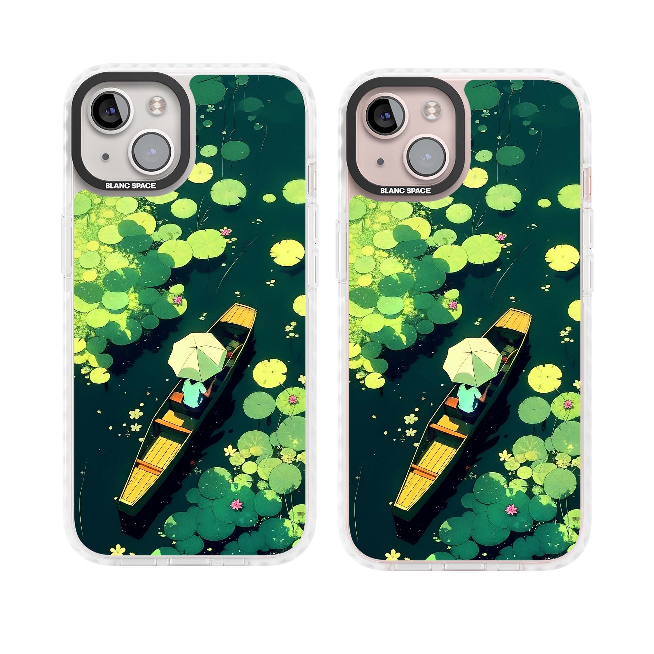 Jade Waters cottagecore iPhone case featuring a painted lily pond, wooden boat with parasol and floating water lilies | Impact Magsafe case for iPhone 13, iPhone 14, iPhone 15