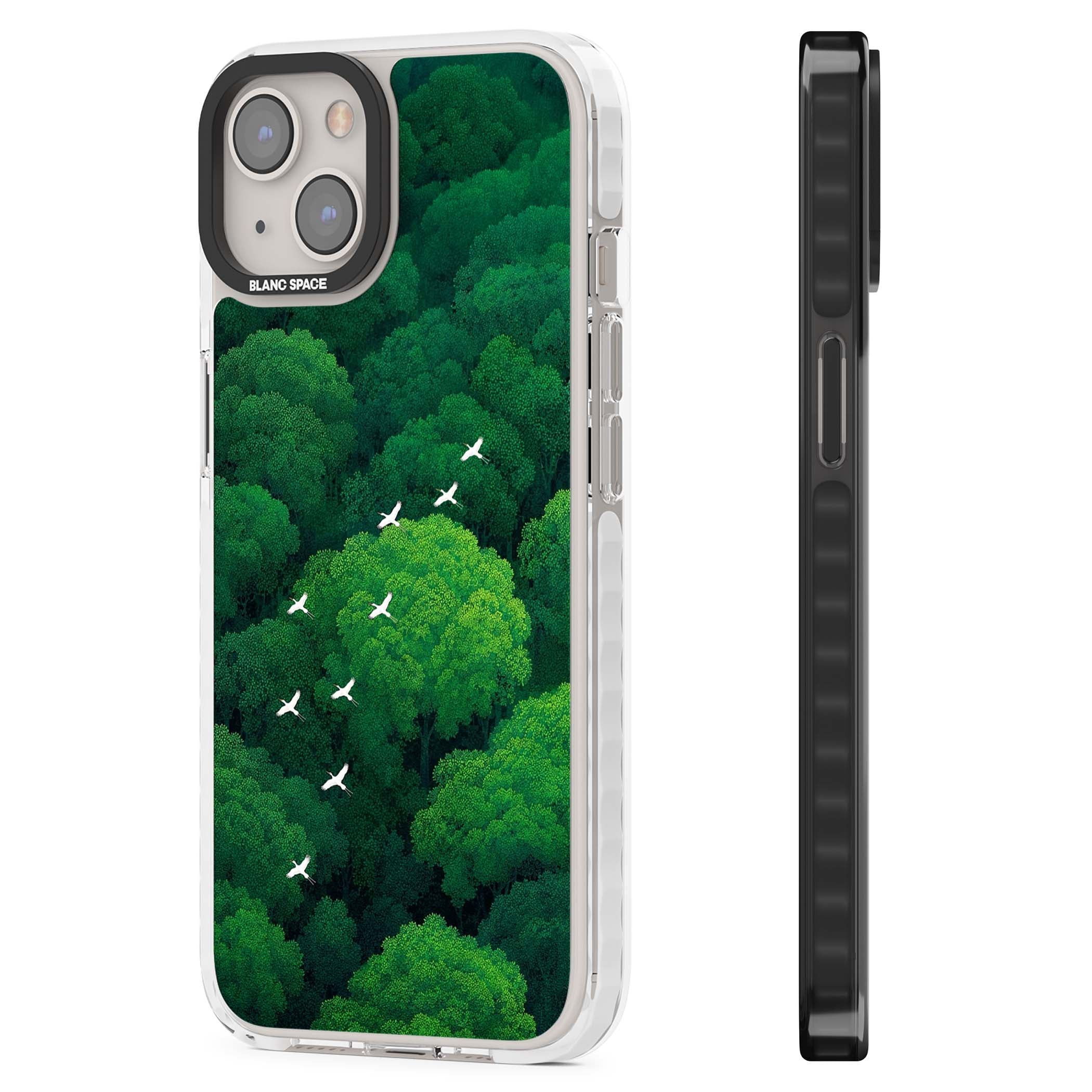 Grove Migration forest iPhone case featuring white cranes flying over lush green treetop canopy | Impact Magsafe case for iPhone 13, iPhone 14, iPhone 15