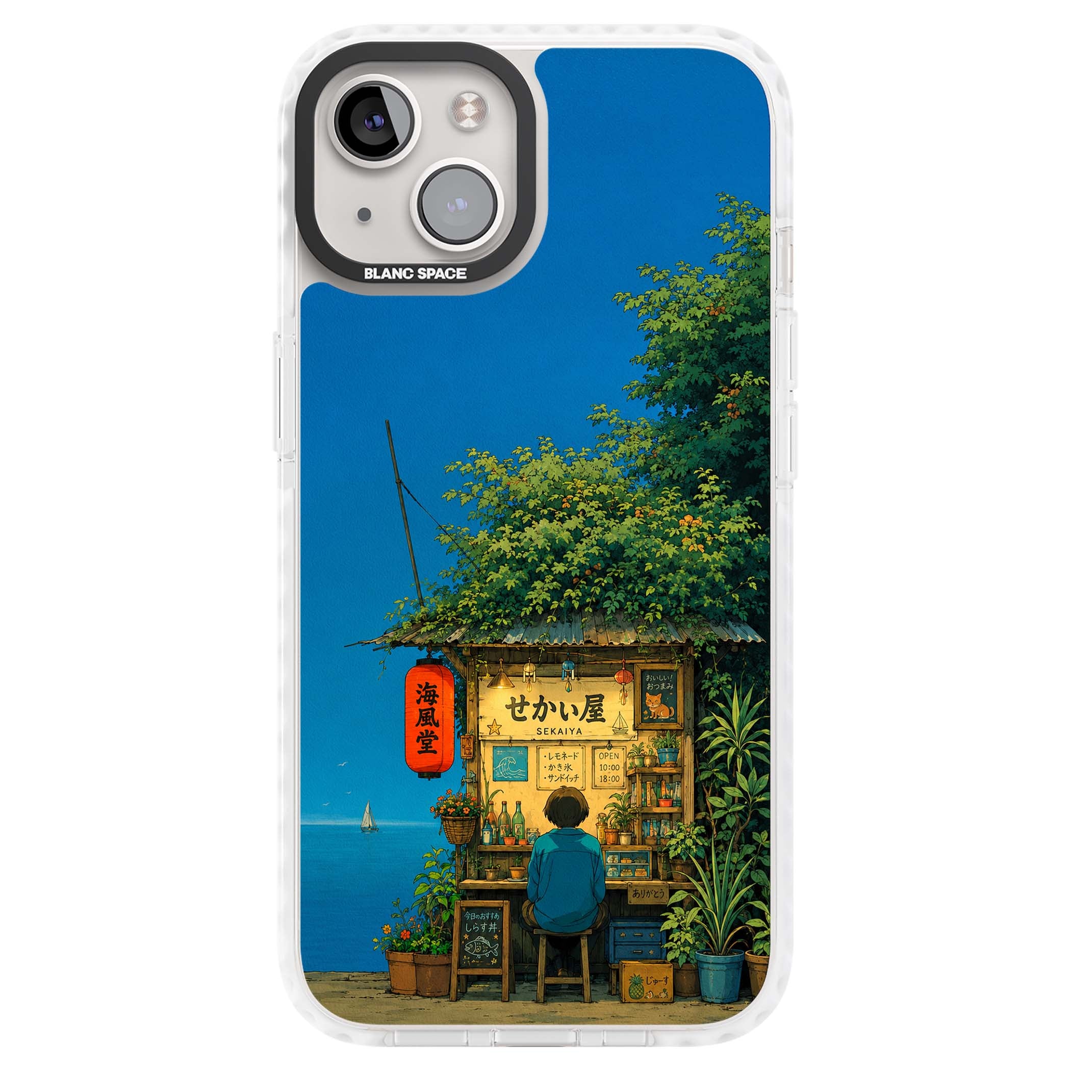The Shirahama Kiosk anime iPhone case featuring a Japanese seaside shop, red paper lantern and ocean view | Impact Magsafe case for iPhone 13, iPhone 14, iPhone 15