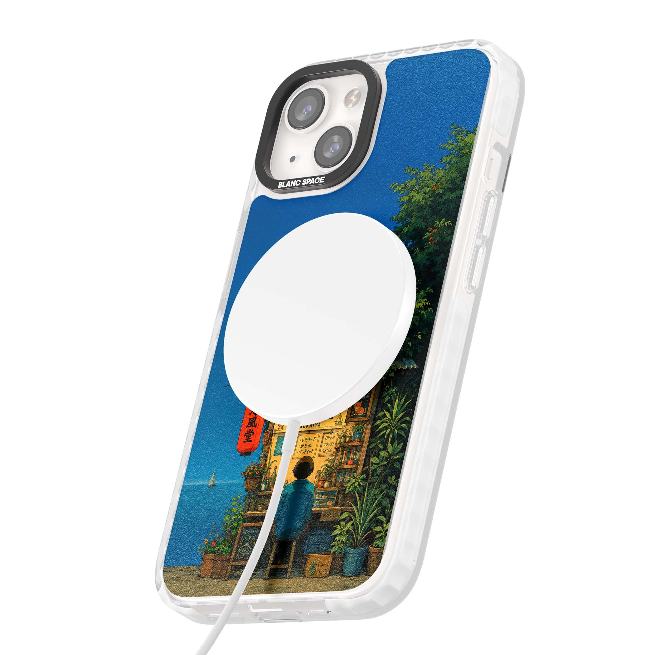 The Shirahama Kiosk anime iPhone case featuring a Japanese seaside shop, red paper lantern and ocean view | Impact Magsafe case for iPhone 13, iPhone 14, iPhone 15