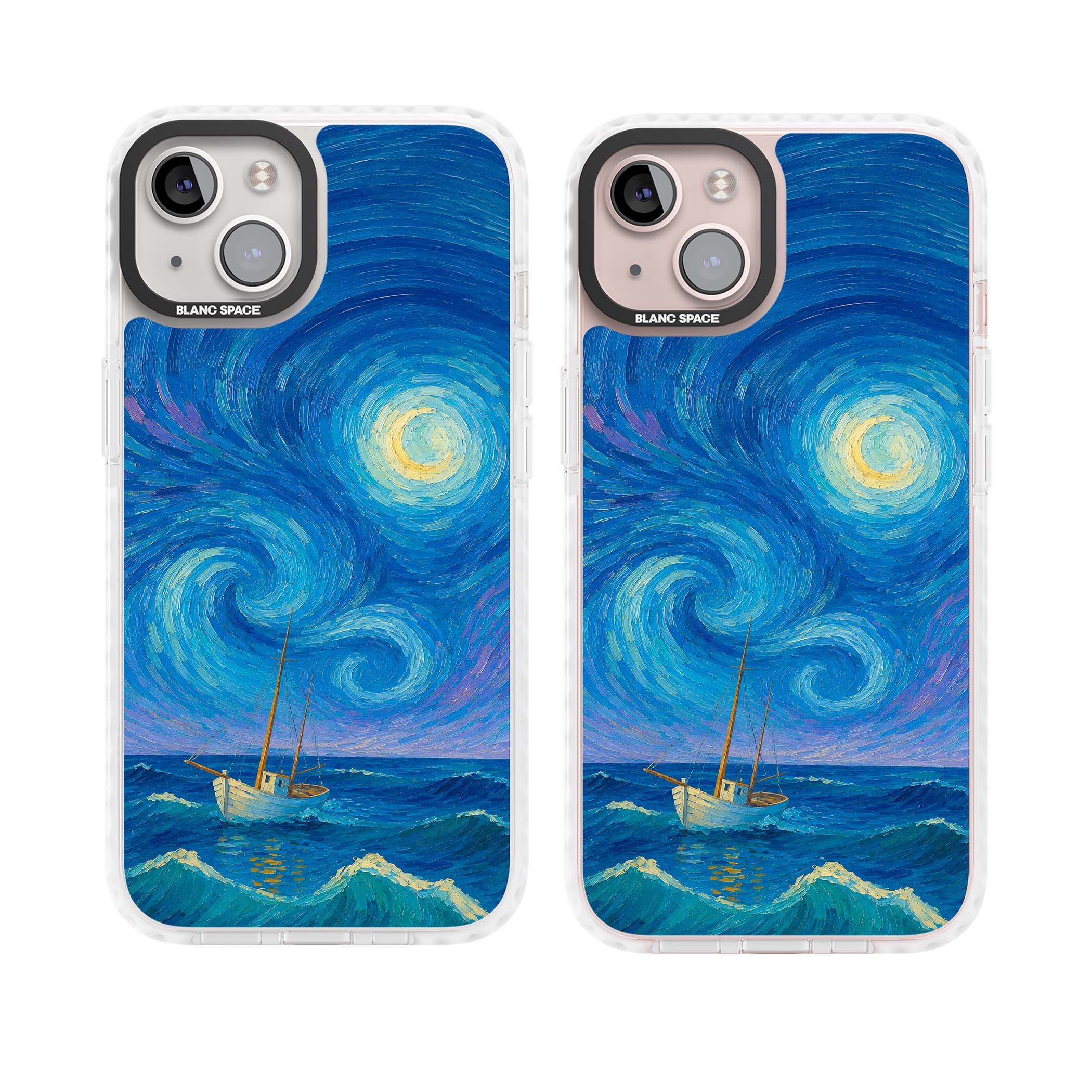 Moonlit Tide Van Gogh art iPhone case featuring swirling starry night sky, glowing moon and lone sailing boat at sea | Impact Magsafe case for iPhone 13, iPhone 14, iPhone 15