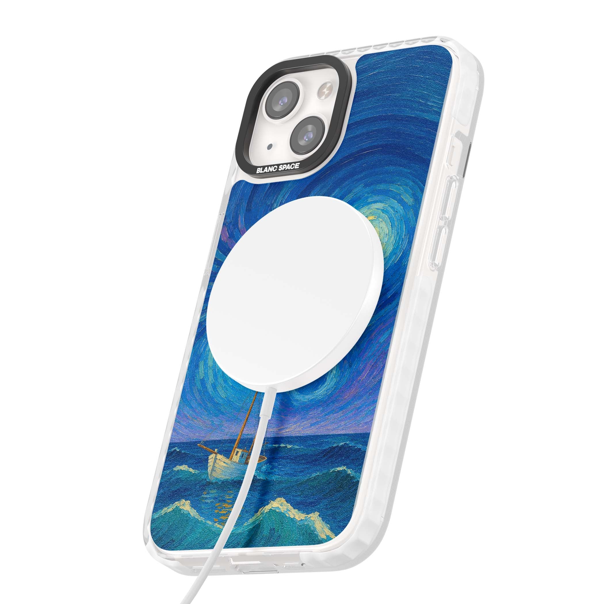 Moonlit Tide Van Gogh art iPhone case featuring swirling starry night sky, glowing moon and lone sailing boat at sea | Impact Magsafe case for iPhone 13, iPhone 14, iPhone 15