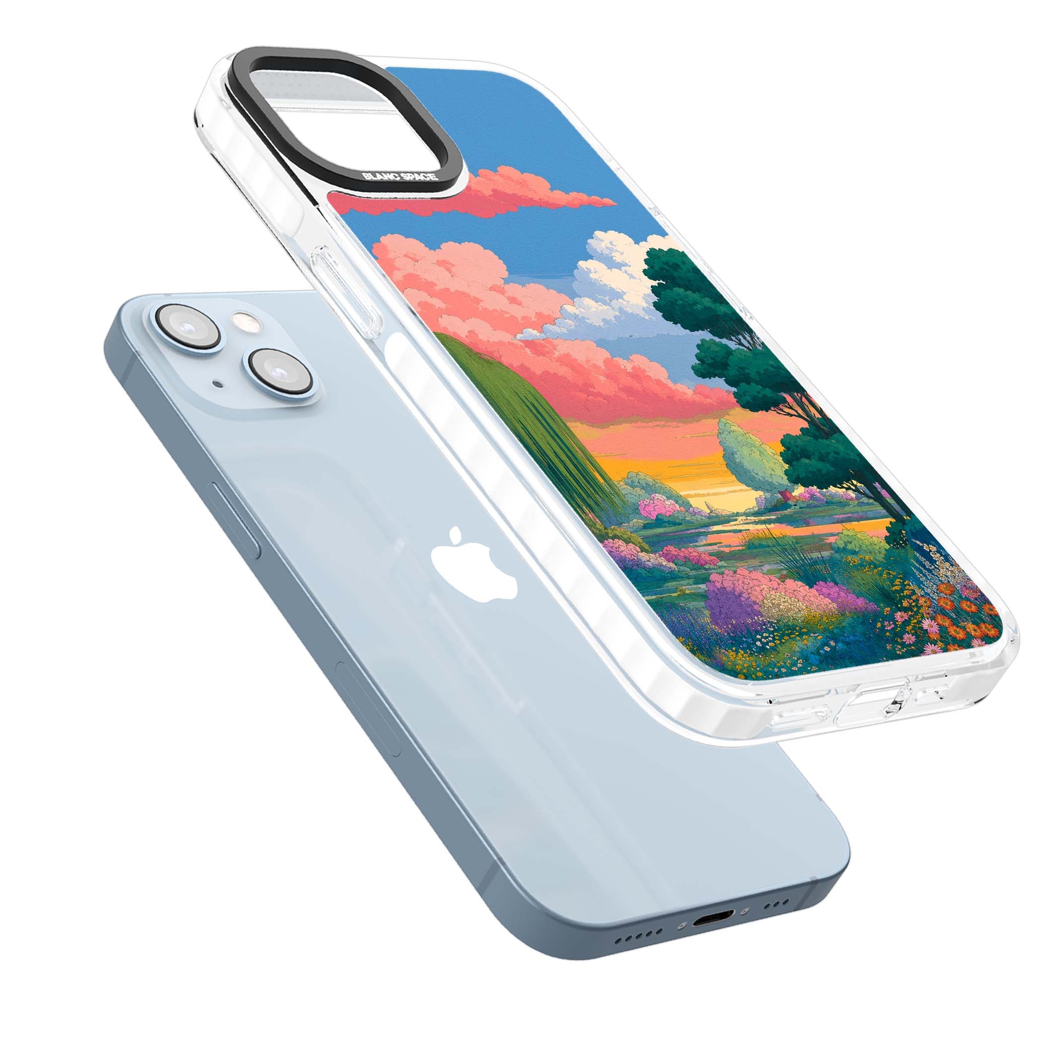 Dream Valley anime landscape iPhone case featuring pink sunset clouds, willow trees and wildflowers | Impact Magsafe case for iPhone 13, iPhone 14, iPhone 15
