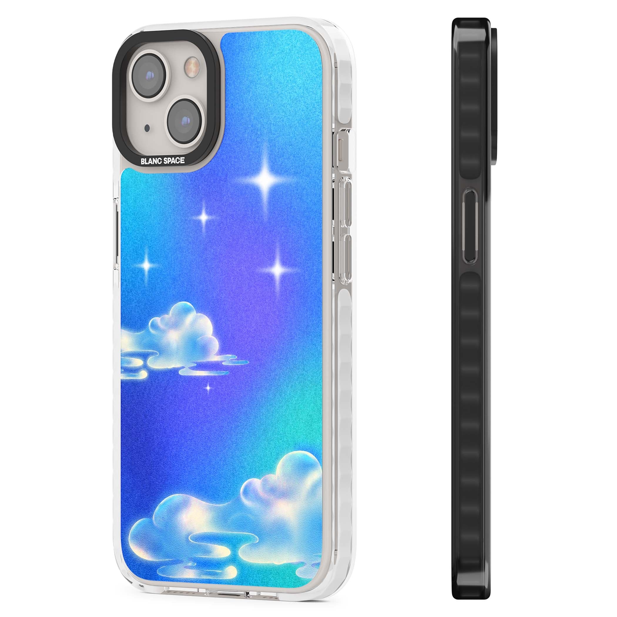 Aurora celestial iPhone case featuring dreamy iridescent clouds, sparkling stars and pastel blue purple sky | Impact Magsafe case for iPhone 13, iPhone 14, iPhone 15