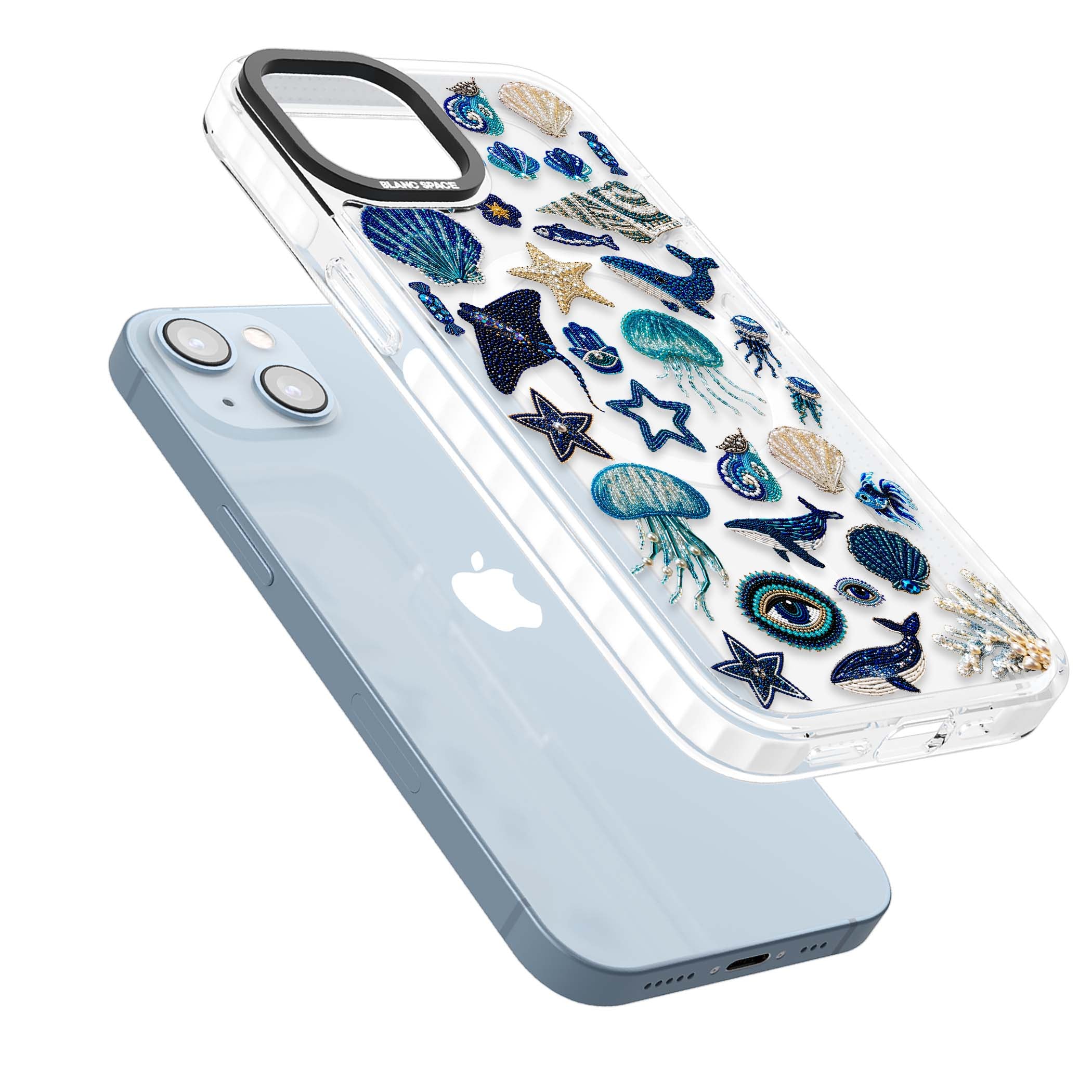 Beaded Coastal coastal iPhone case featuring embroidered seashells, jellyfish and a blue whale on clear | Impact Magsafe case for iPhone 13, iPhone 14, iPhone 15