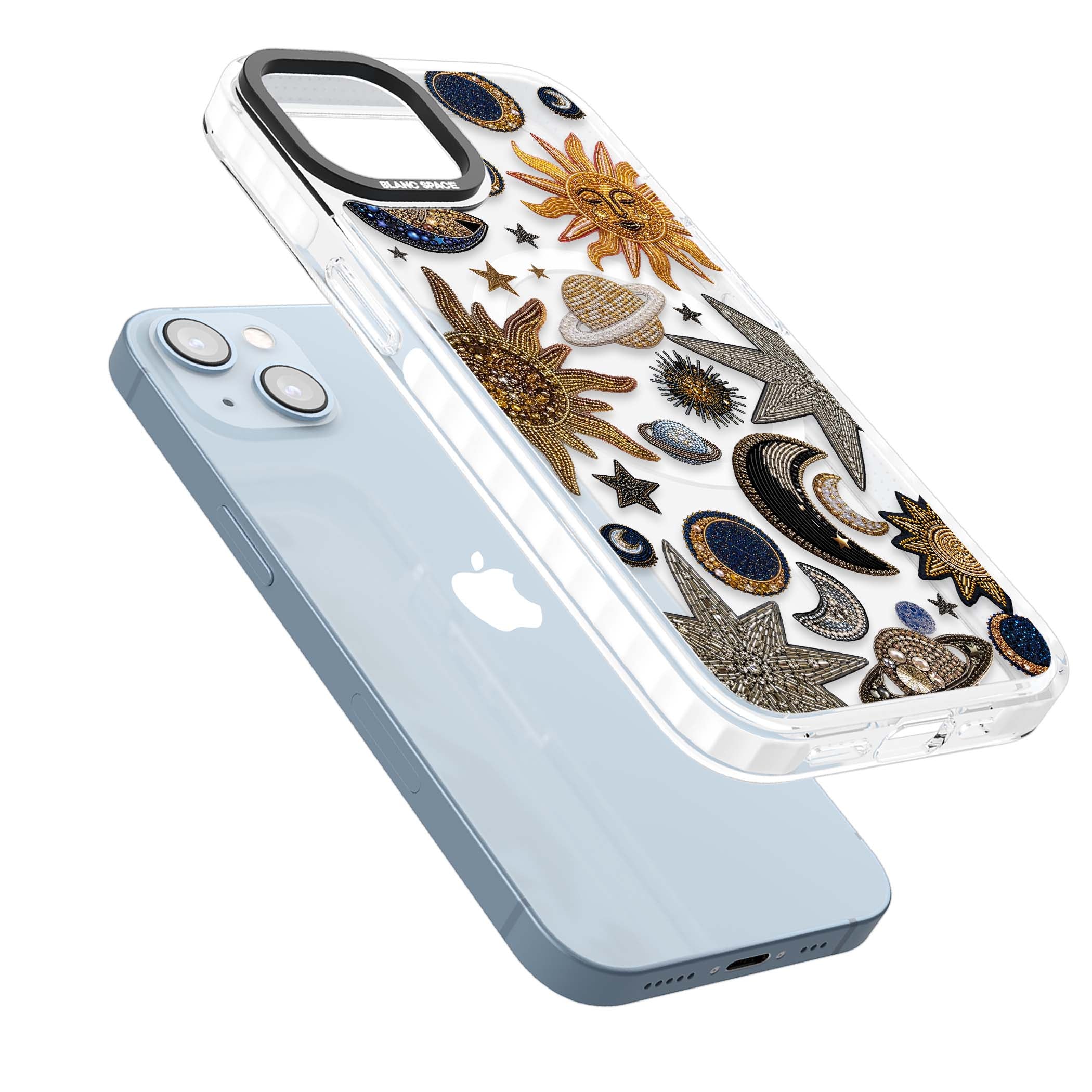 Beaded Cosmos celestial iPhone case featuring embroidered golden suns, beaded planets and silver shooting stars | Impact Magsafe case for iPhone 13, iPhone 14, iPhone 15