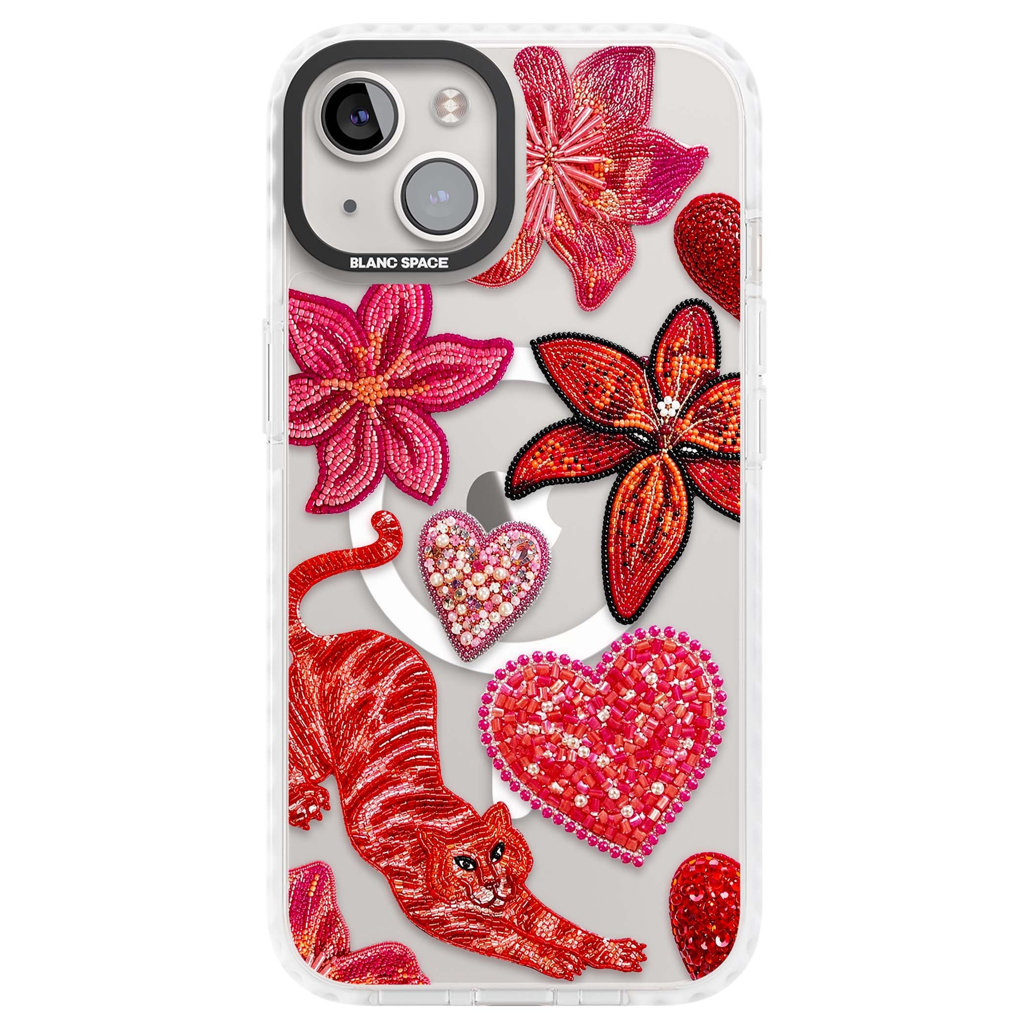 Beaded Boho floral iPhone case featuring beaded red lilies, a stitched tiger, and pearl-encrusted hearts on clear | Impact Magsafe case for iPhone 13, iPhone 14, iPhone 15