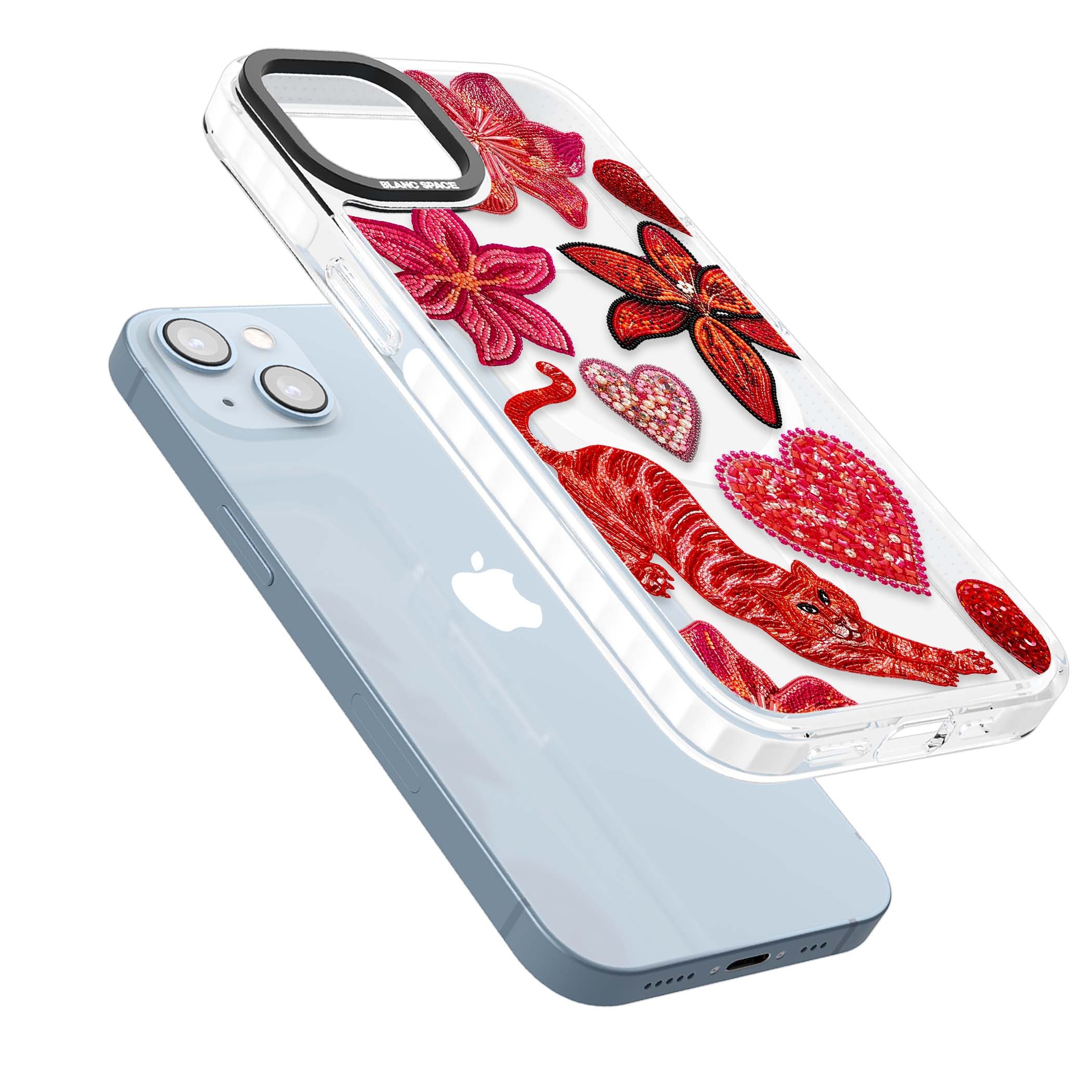 Beaded Boho floral iPhone case featuring beaded red lilies, a stitched tiger, and pearl-encrusted hearts on clear | Impact Magsafe case for iPhone 13, iPhone 14, iPhone 15
