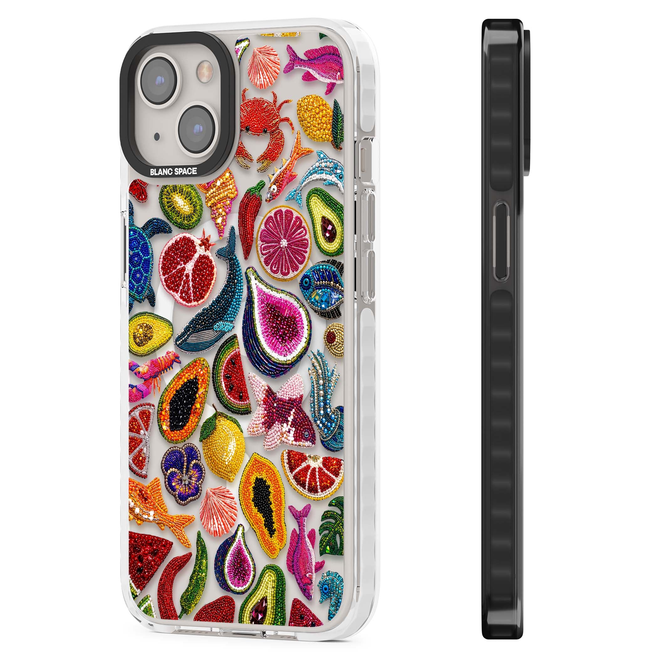 Beaded Tropic tropical iPhone case featuring beaded fruit, fish, crabs and seashells in vibrant colour | Impact Magsafe case for iPhone 13, iPhone 14, iPhone 15