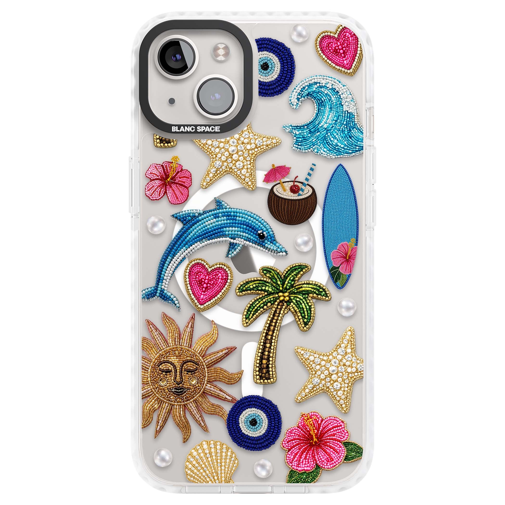 Beaded Beach coastal summer iPhone case featuring embroidered evil eye, hibiscus flowers, dolphin and palm tree patches | Impact Magsafe case for iPhone 13, iPhone 14, iPhone 15
