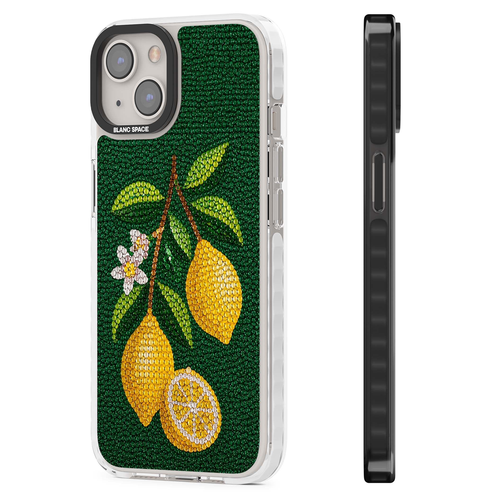 Beaded Lemons coastal iPhone case featuring crystal-beaded lemons, citrus blossom and green leaves on emerald ground | Impact Magsafe case for iPhone 13, iPhone 14, iPhone 15