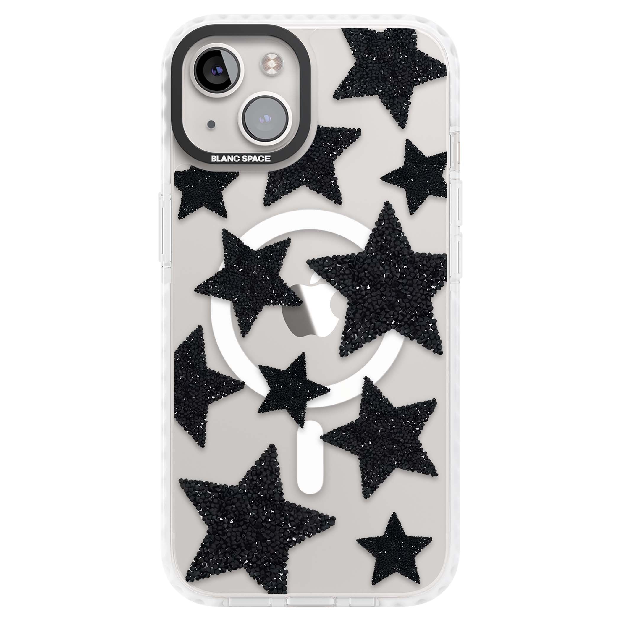 Beaded Black Stars celestial iPhone case featuring black glitter beaded stars scattered on a clear background | Impact Magsafe case for iPhone 13, iPhone 14, iPhone 15