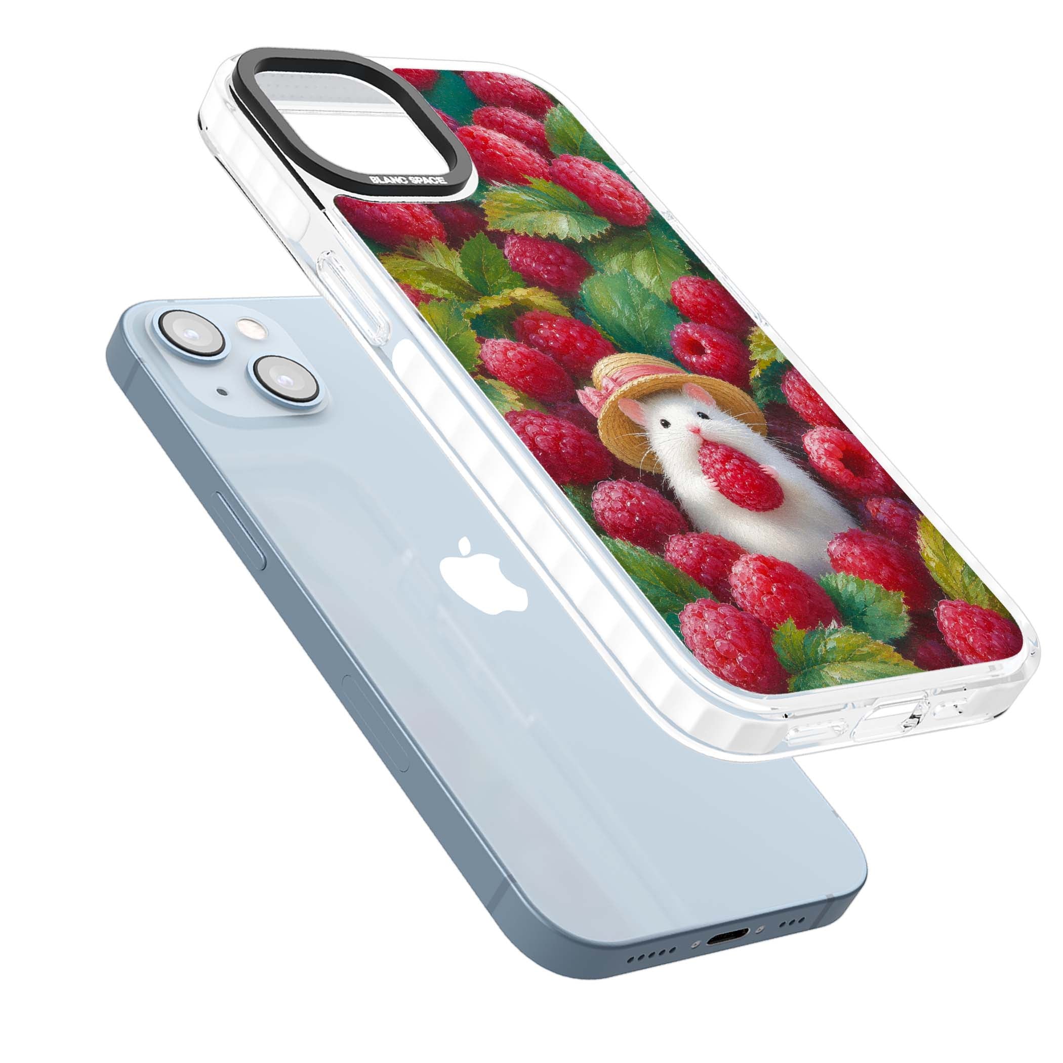 Berry Forager cottagecore iPhone case featuring a white hamster in a straw hat holding a raspberry surrounded by ripe ber | Impact Magsafe case for iPhone 13, iPhone 14, iPhone 15