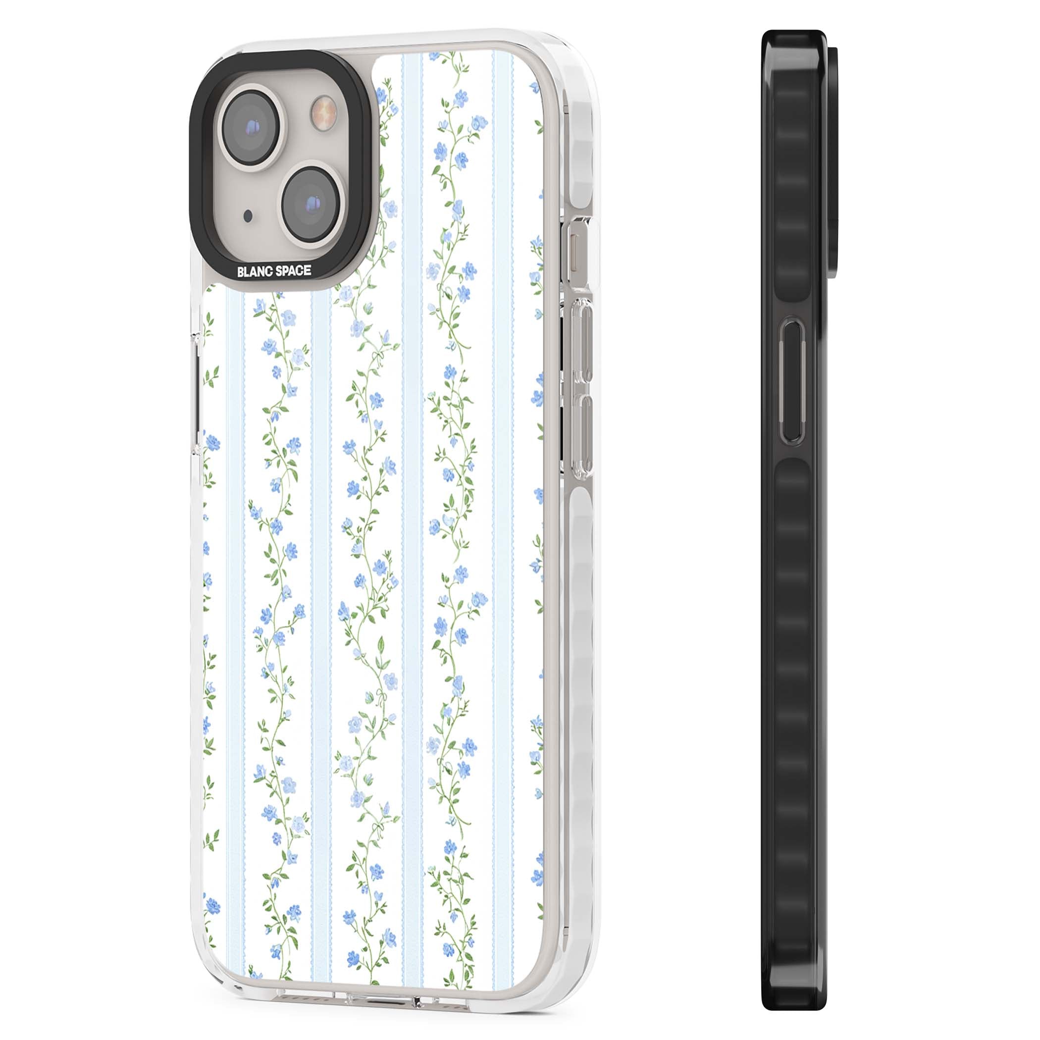 Bluebell Vine cottagecore iPhone case featuring climbing blue roses, trailing green vines, and pale ticking stripes | Impact Magsafe case for iPhone 13, iPhone 14, iPhone 15