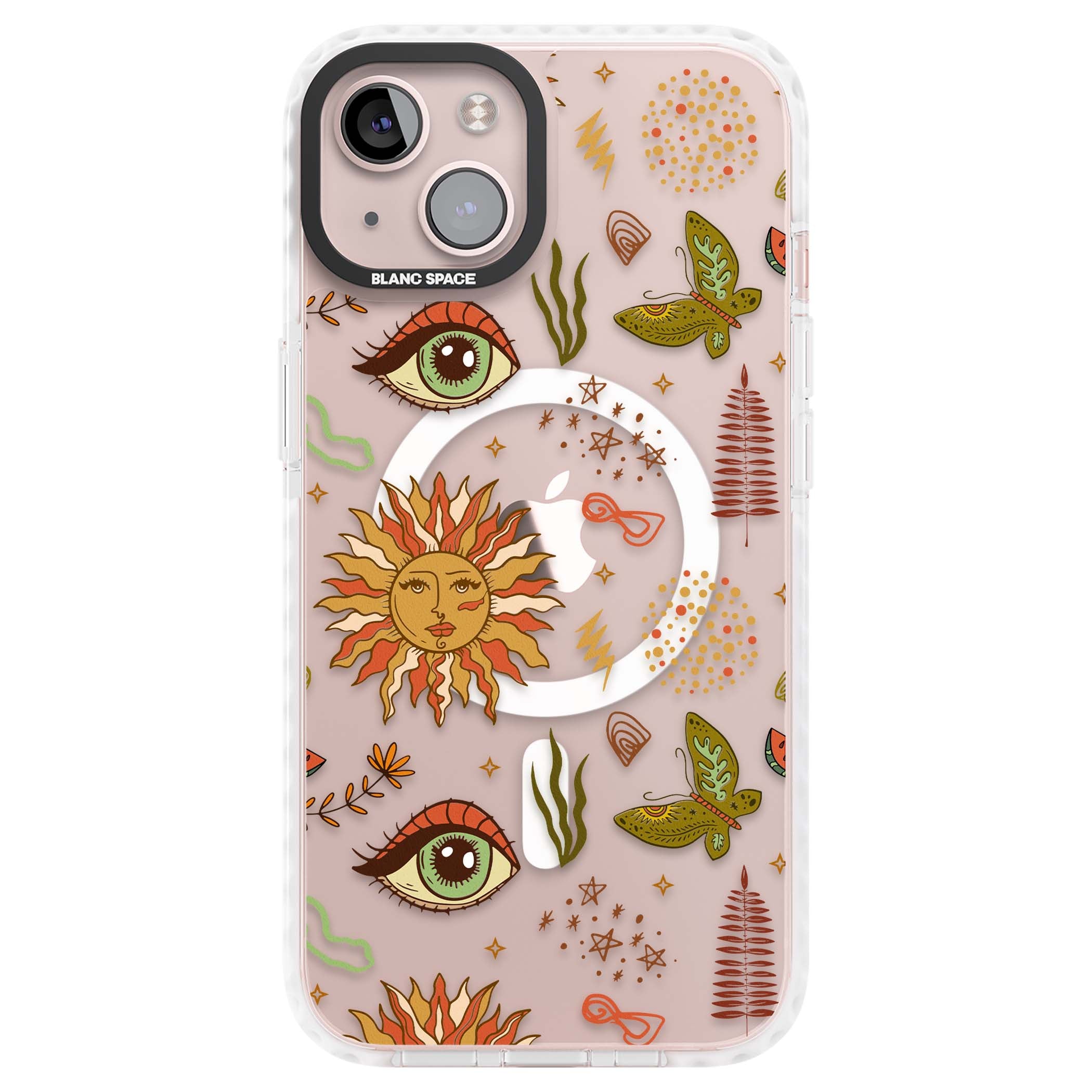 Elevate Your Phone'S Style With This Boho Celestial Sun & Eye Phone Case, Featuring A Mystical Blend Of Suns, All-Seeing Eyes, Butterflies, Stars, And
